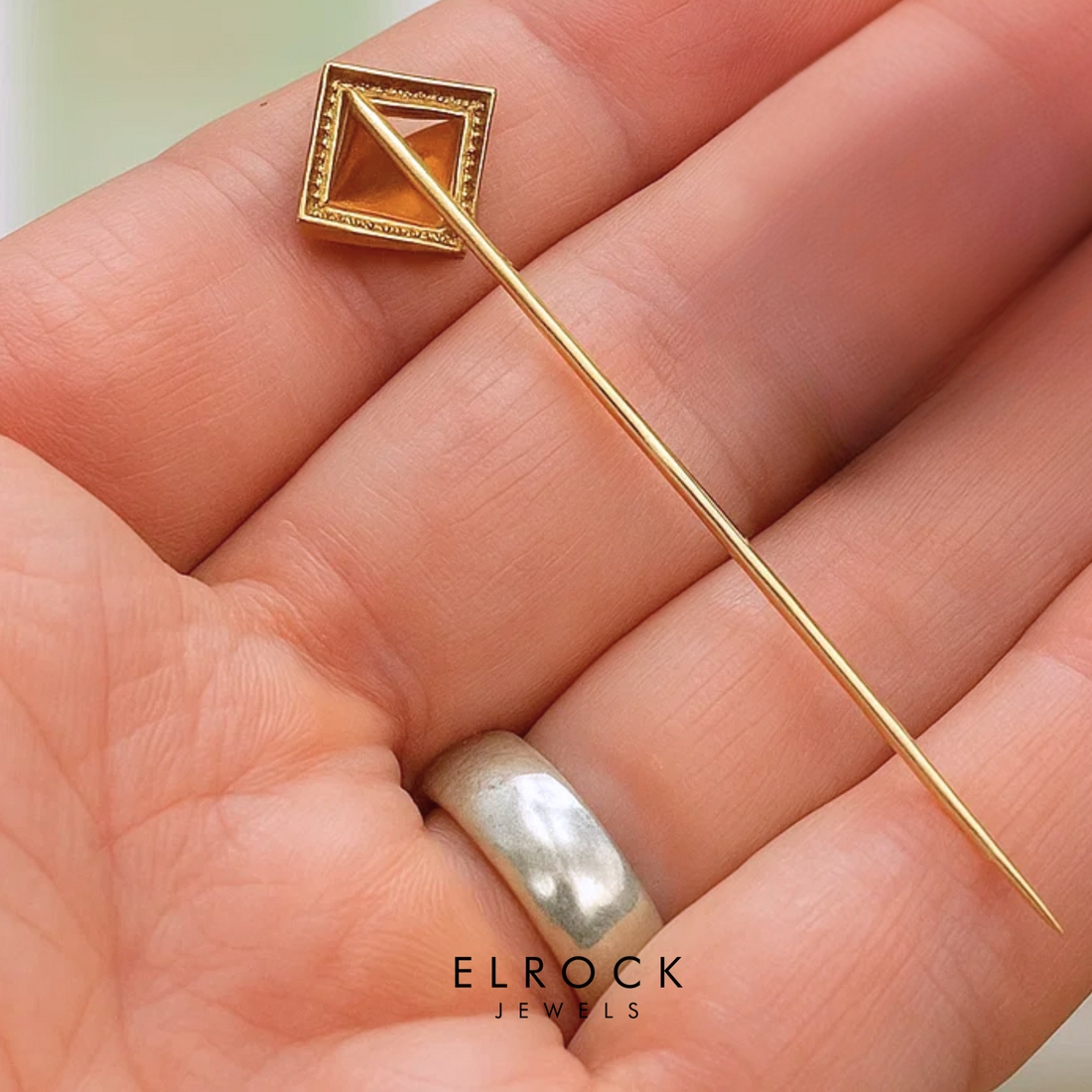 Vintage Victorian Citrine Brooch Stick Pin, 14k Solid Gold, Unisex Handmade Luxury Gift For Women/Men, November birthstone, Anniversary Gift