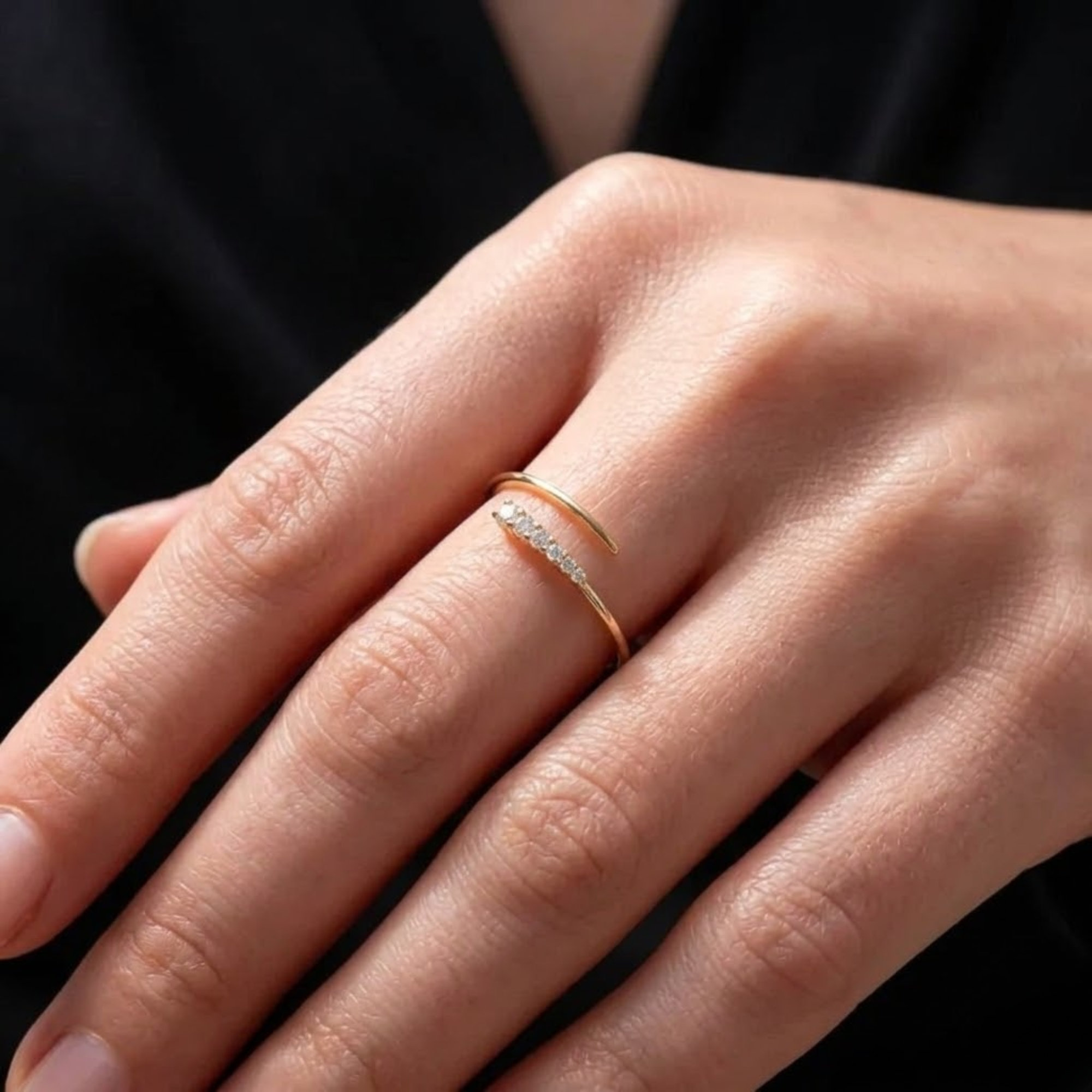 14K Solid Gold Spiral Open Ring, Lab Diamond Wrap Around Ring