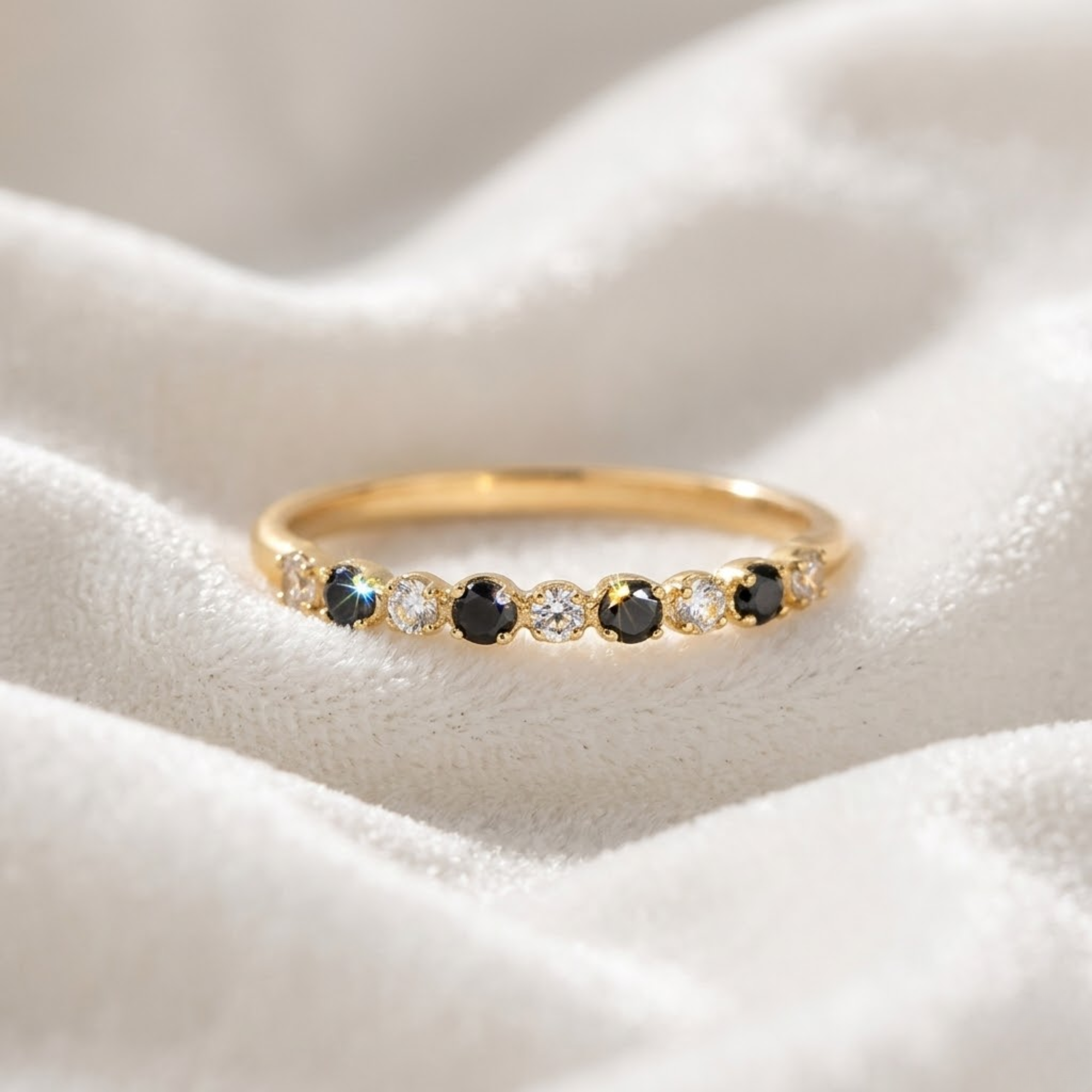 14K Gold Unique Gift Black Onyx and Colorless Lab Grown Diamond Half Eternity Band