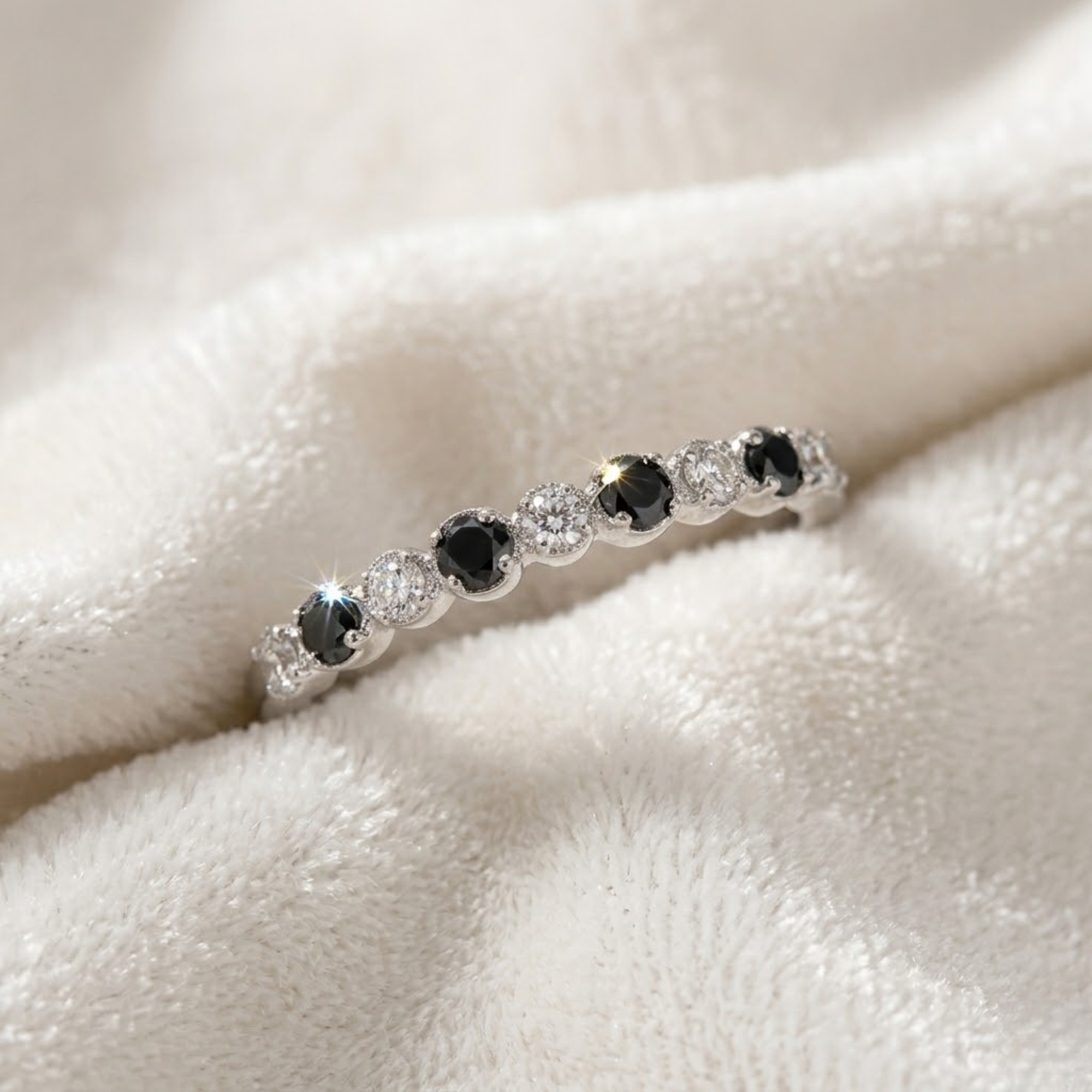 14K Gold Unique Gift Black Onyx and Colorless Lab Grown Diamond Half Eternity Band
