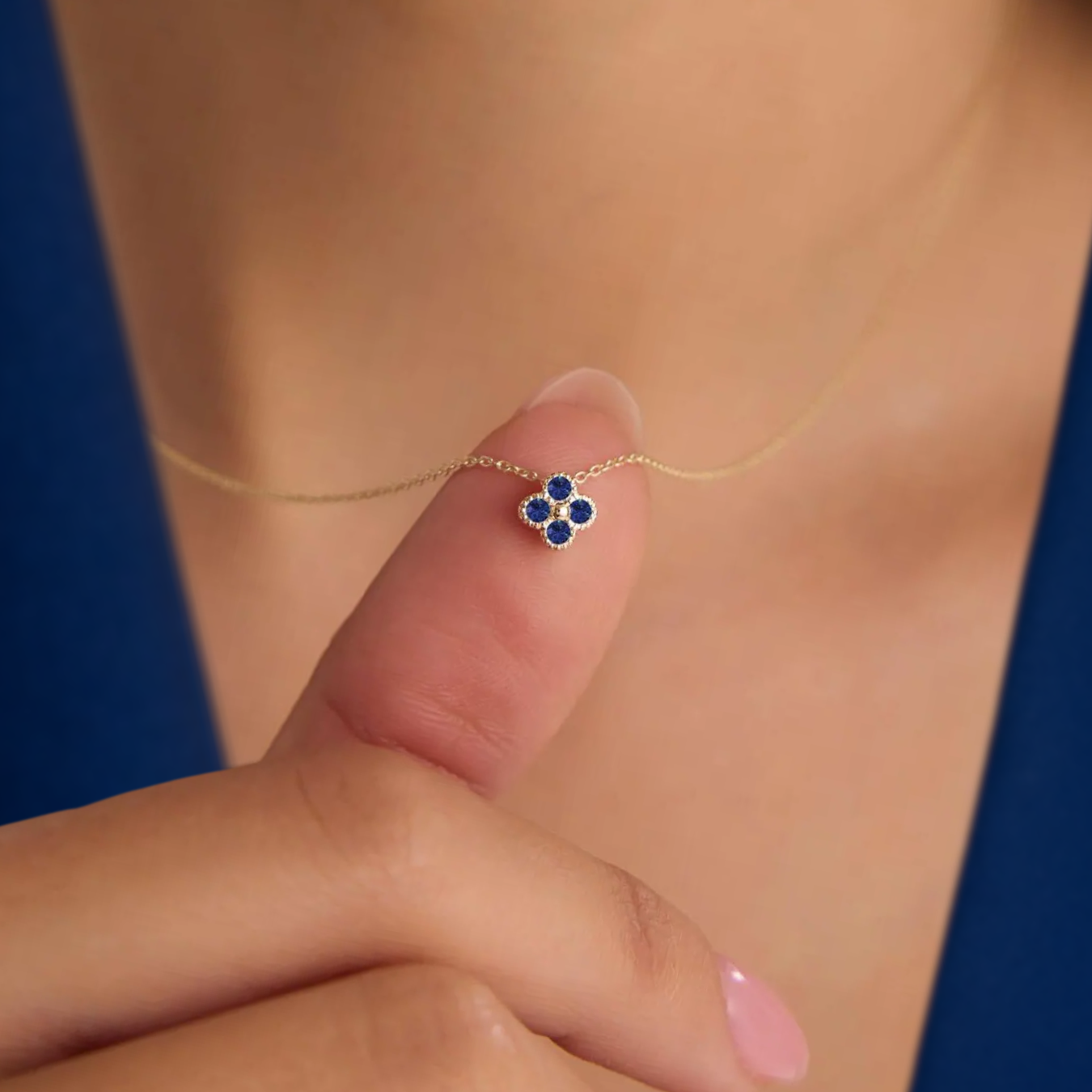14K Solid Gold 0.18 ctw Sapphire Flower Pendant Dainty Luxury Floral Necklace