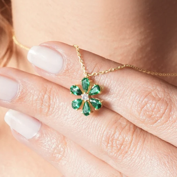 1.00 CT Flower Emerald Necklace with Diamond in 14K Solid Gold
