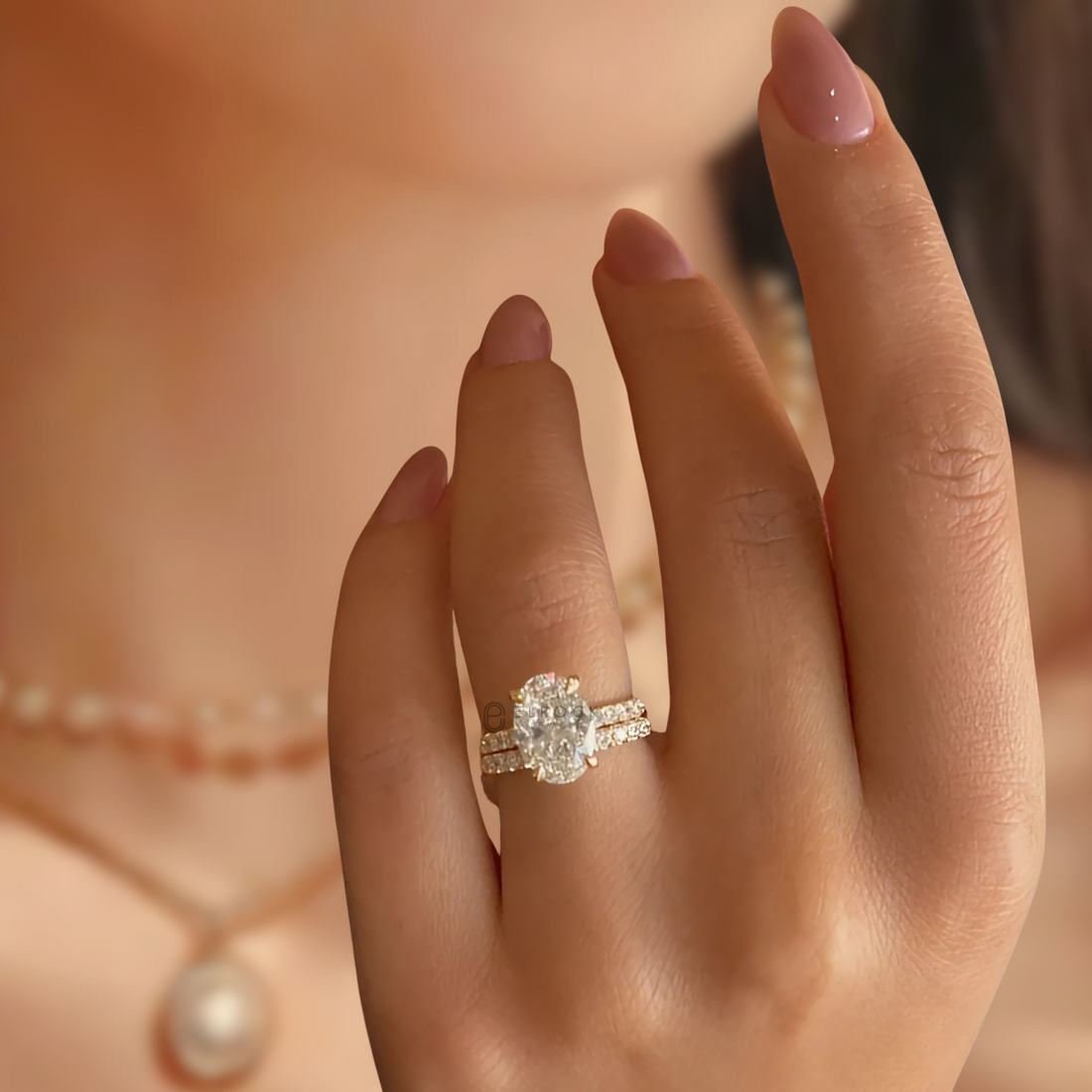 3.5 Carat Oval Lab-Grown Diamond Hidden Halo Engagement Ring Set with Matching Wedding Band