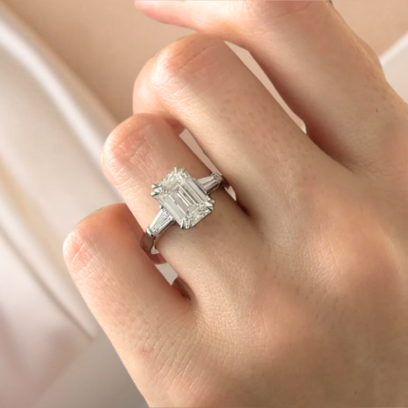 14K Emerald Cut Lab Grown Diamond Engagement Ring, Solid Gold Three Stone Ring