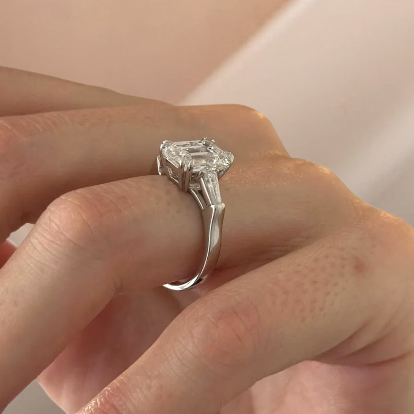 14K Emerald Cut Lab Grown Diamond Engagement Ring, Solid Gold Three Stone Ring