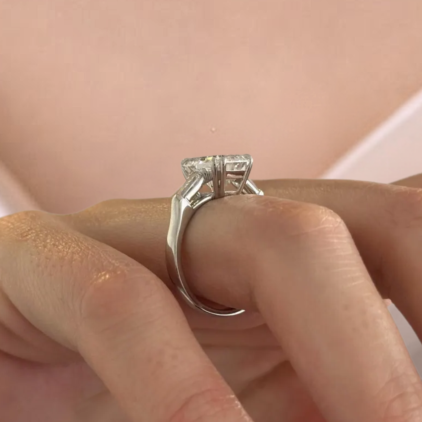 14K Emerald Cut Lab Grown Diamond Engagement Ring, Solid Gold Three Stone Ring