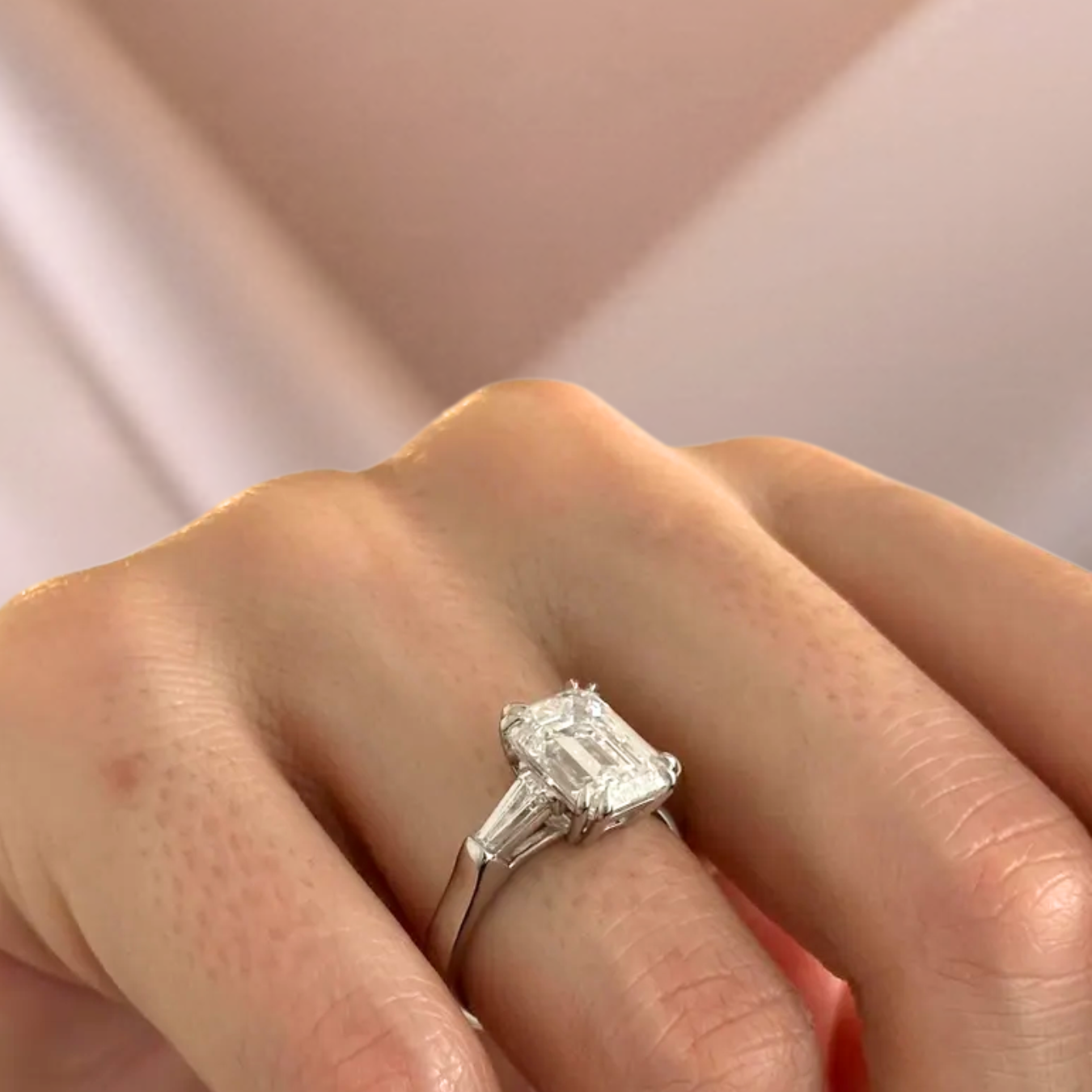 14K Emerald Cut Lab Grown Diamond Engagement Ring, Solid Gold Three Stone Ring