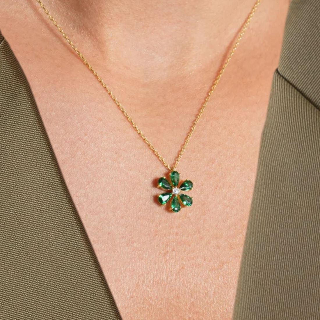 1.00 CT Flower Emerald Necklace with Diamond in 14K Solid Gold