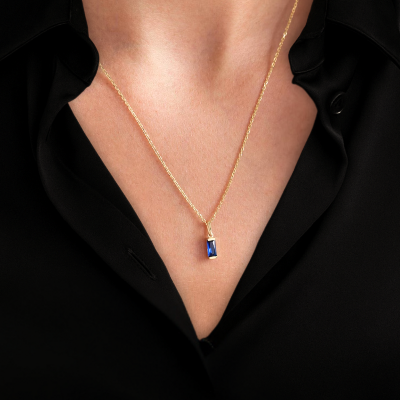 Solid Gold Baguette Sapphire Necklace, 14k Blue Sapphire Pendant