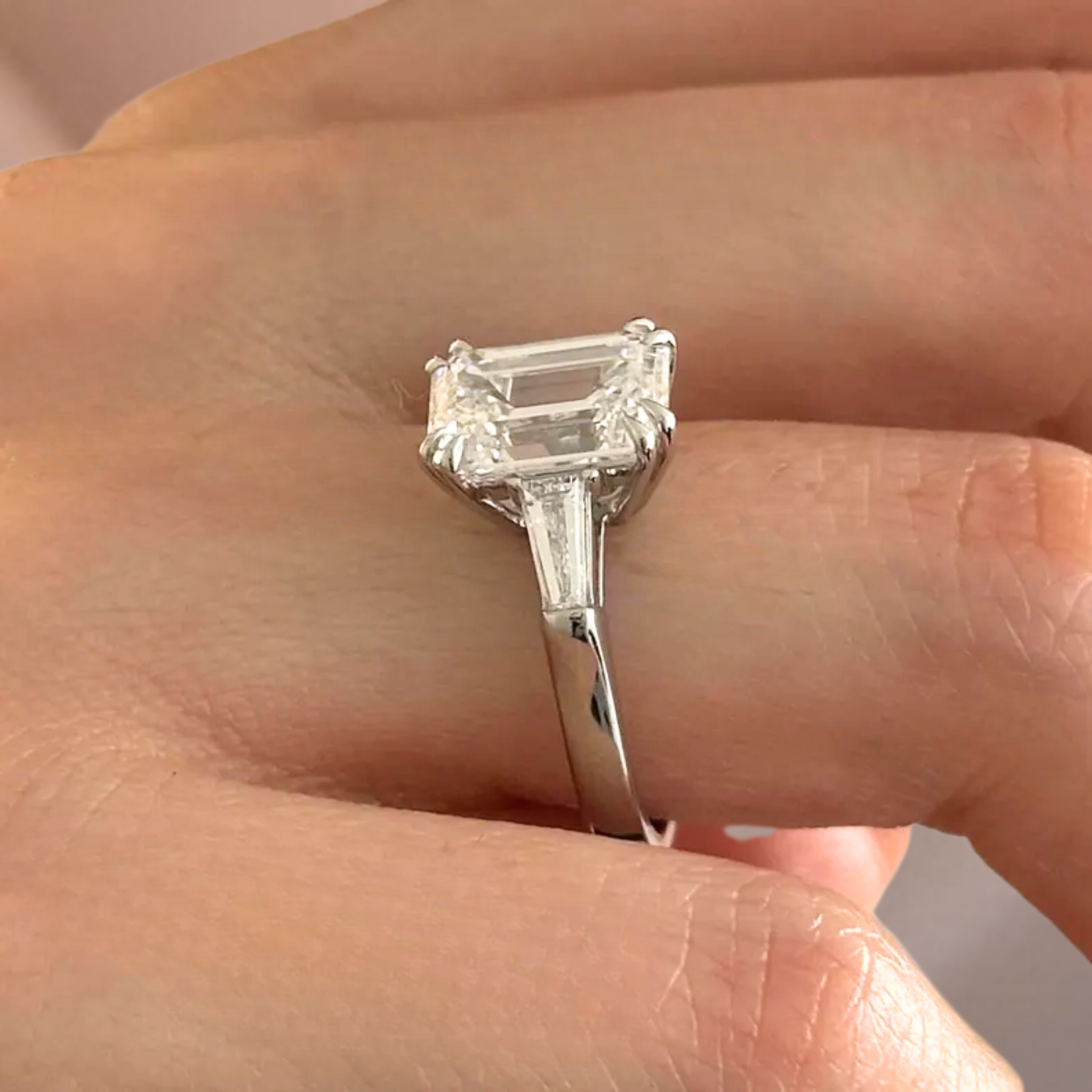 14K Emerald Cut Lab Grown Diamond Engagement Ring, Solid Gold Three Stone Ring