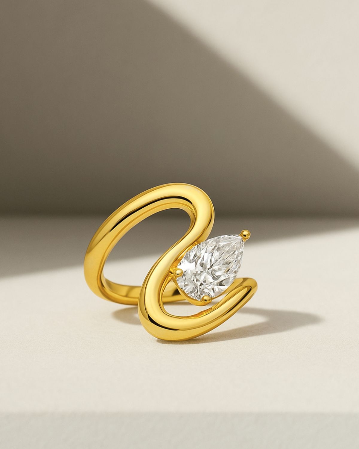 14K Gold Pear Cut Lab Grown Diamond Curved Proposal Ring