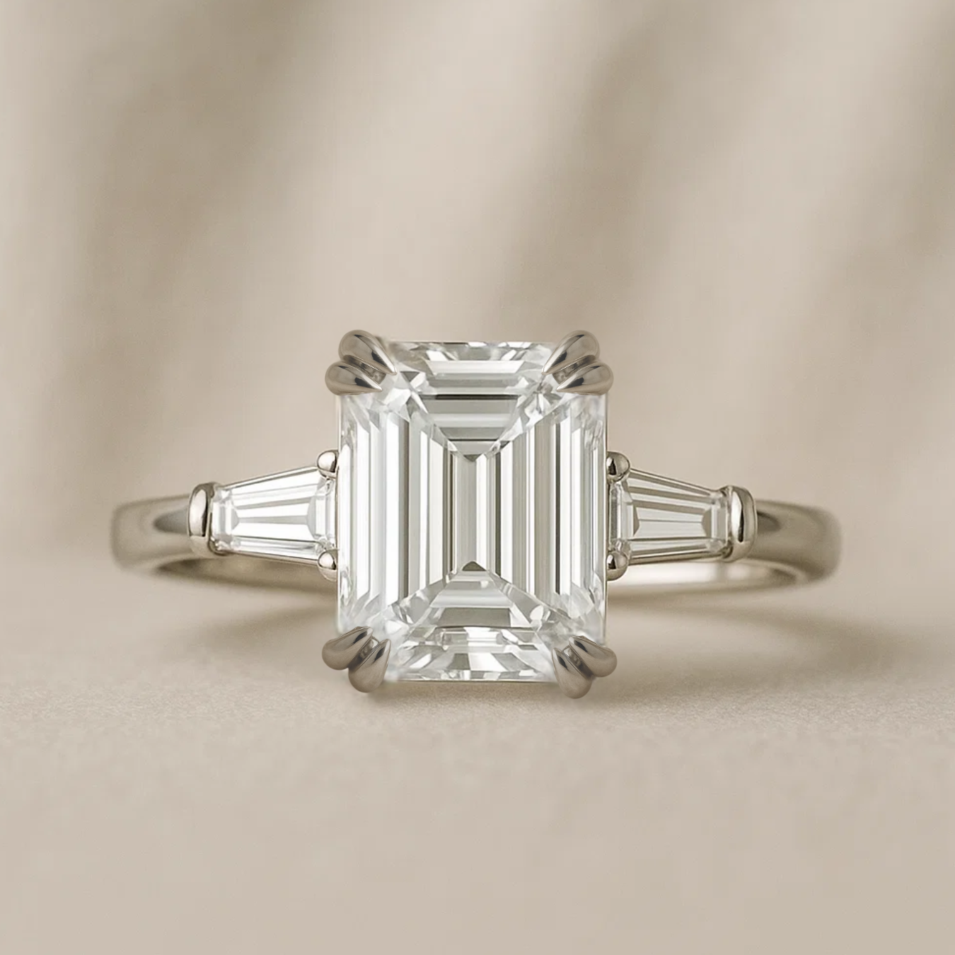 14K Emerald Cut Lab Grown Diamond Engagement Ring, Solid Gold Three Stone Ring