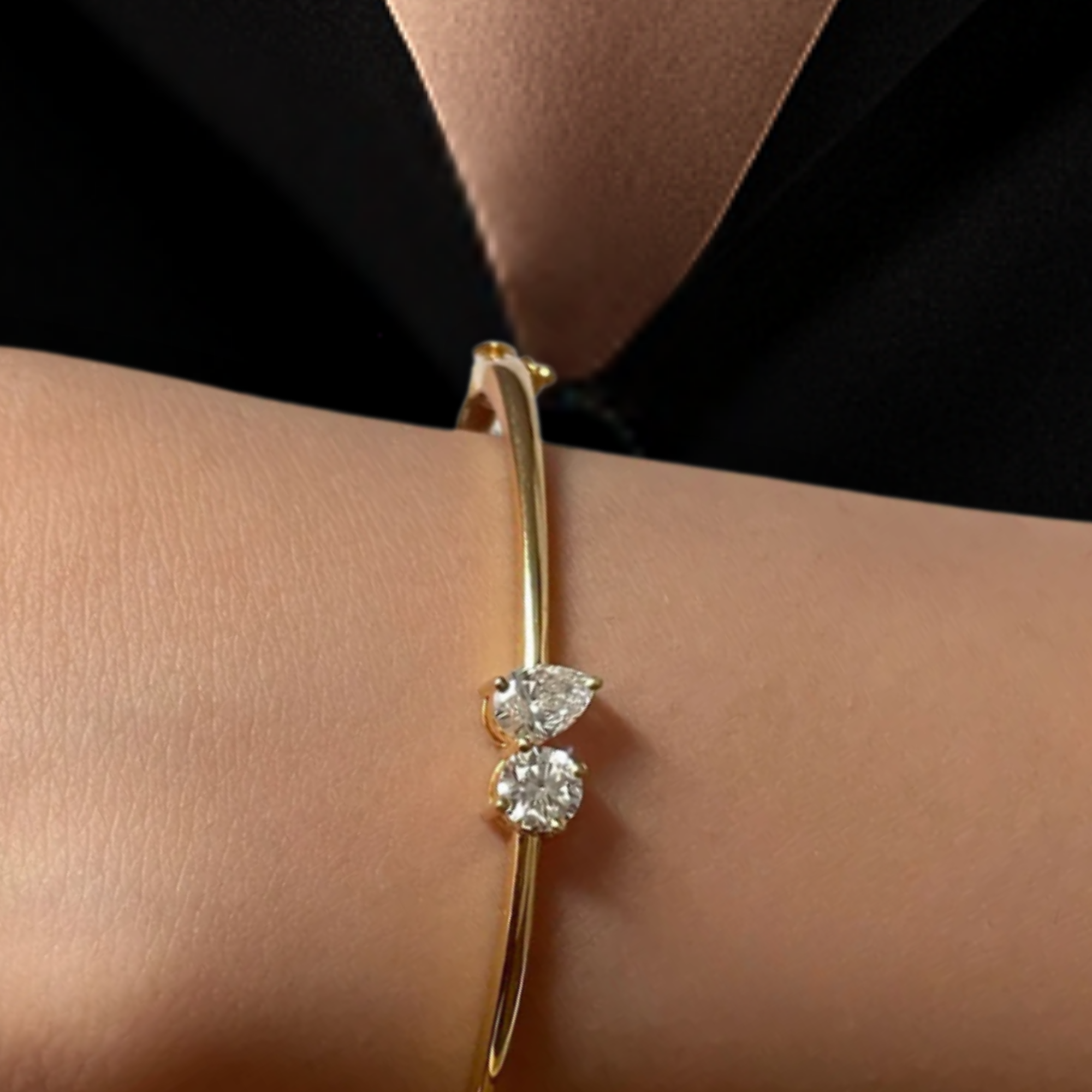 14K Gold Pear & Round Lab Diamond Bangle Bracelet 