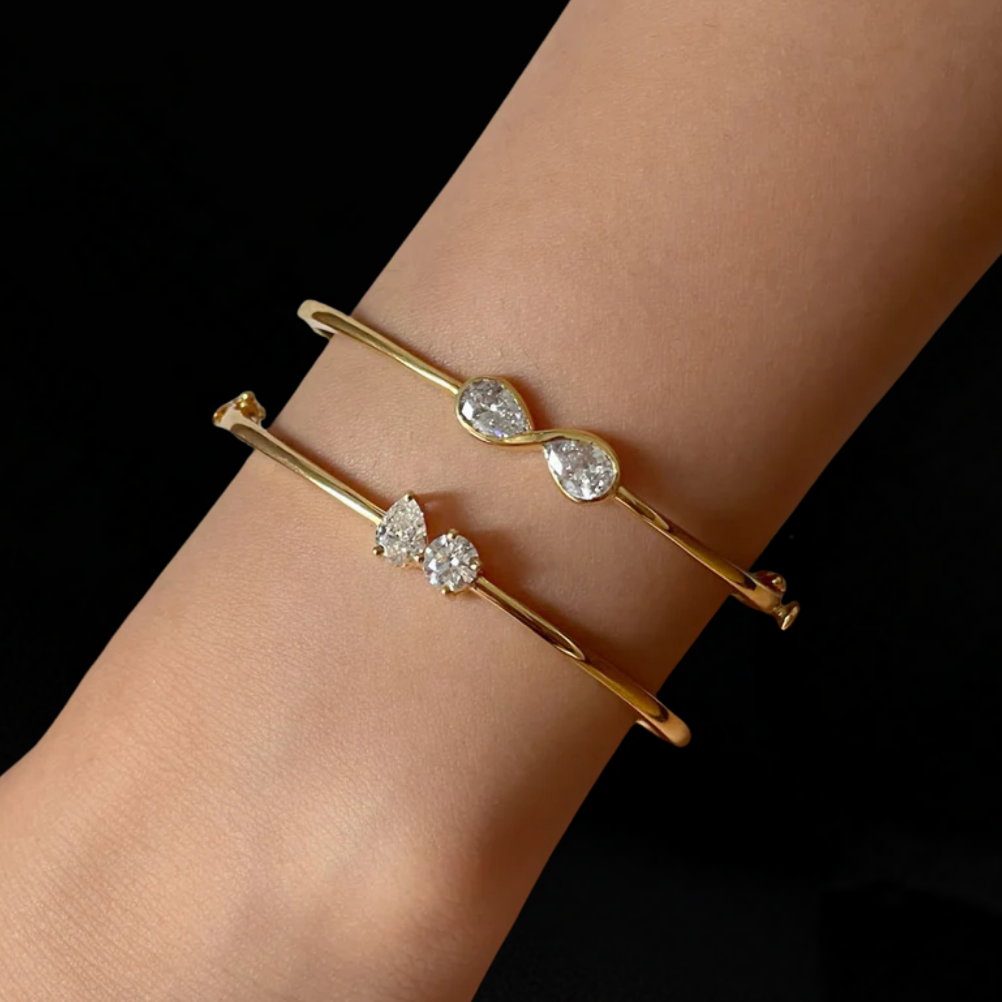 14K Gold Pear & Round Lab Diamond Bangle Bracelet 