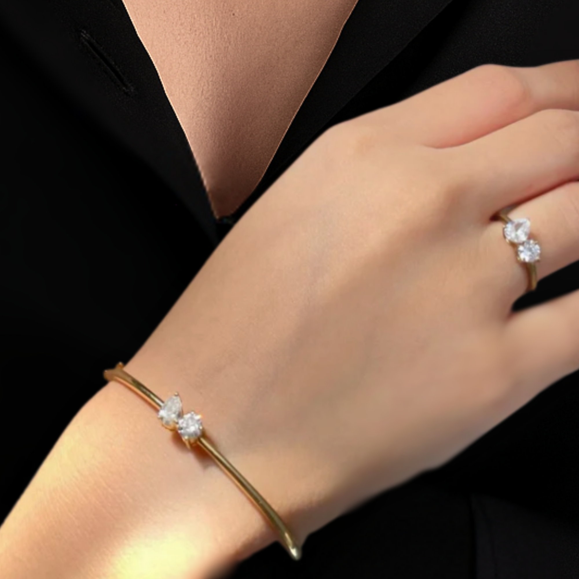 14K Gold Pear & Round Lab Diamond Bangle Bracelet 
