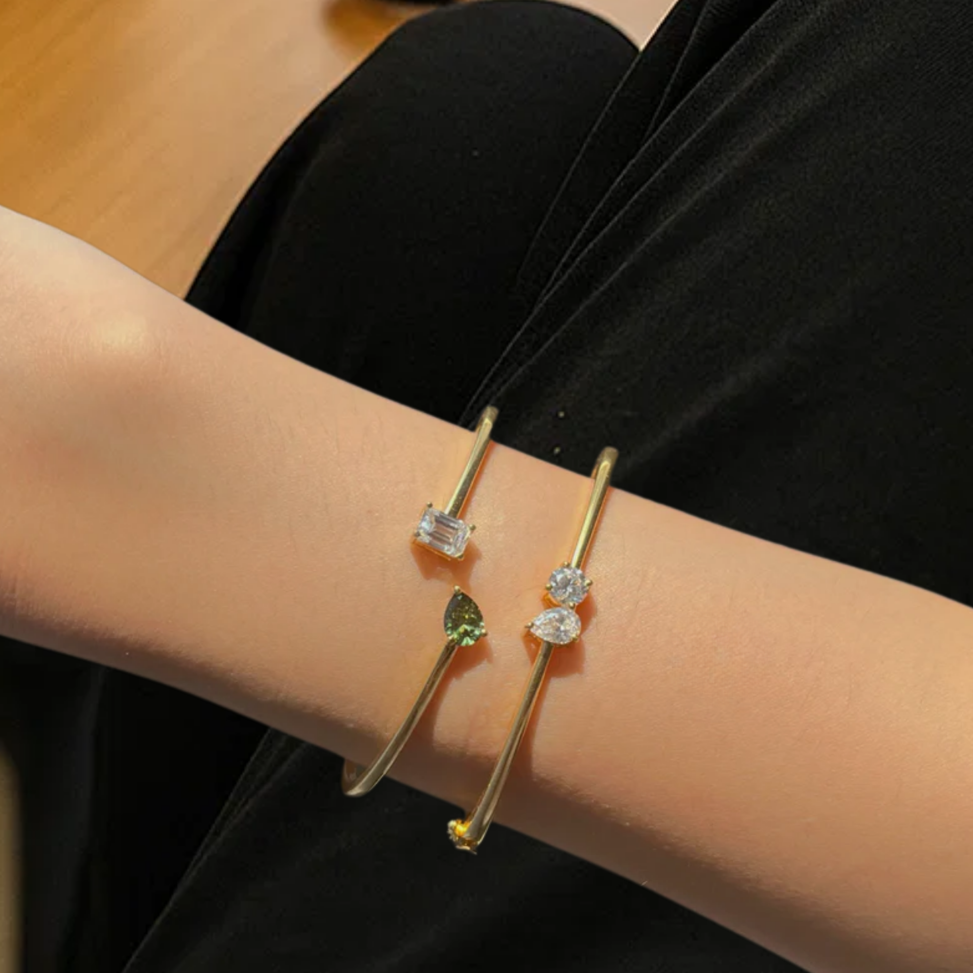 14K Gold Pear & Round Lab Diamond Bangle Bracelet 