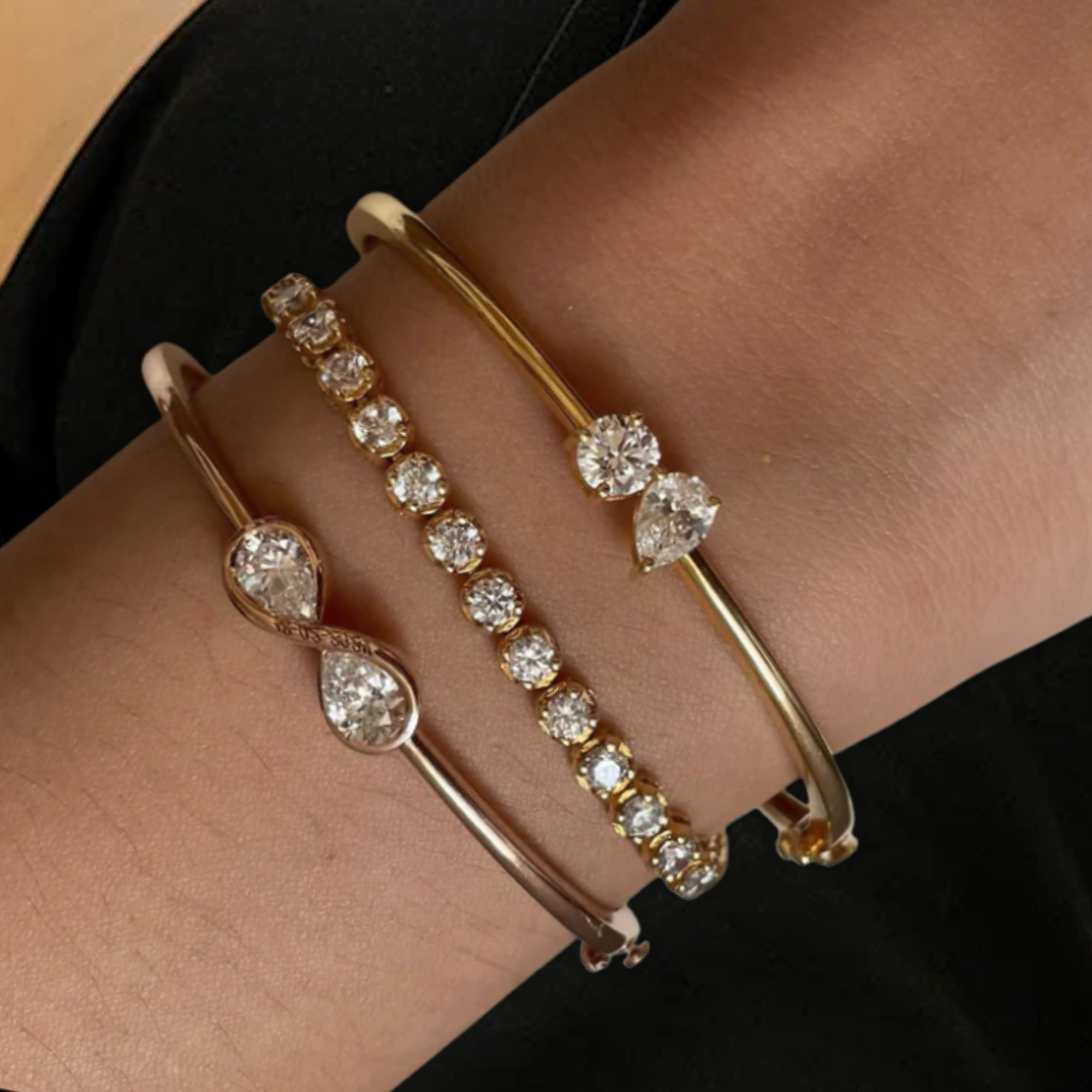 14K Gold Pear & Round Lab Diamond Bangle Bracelet 