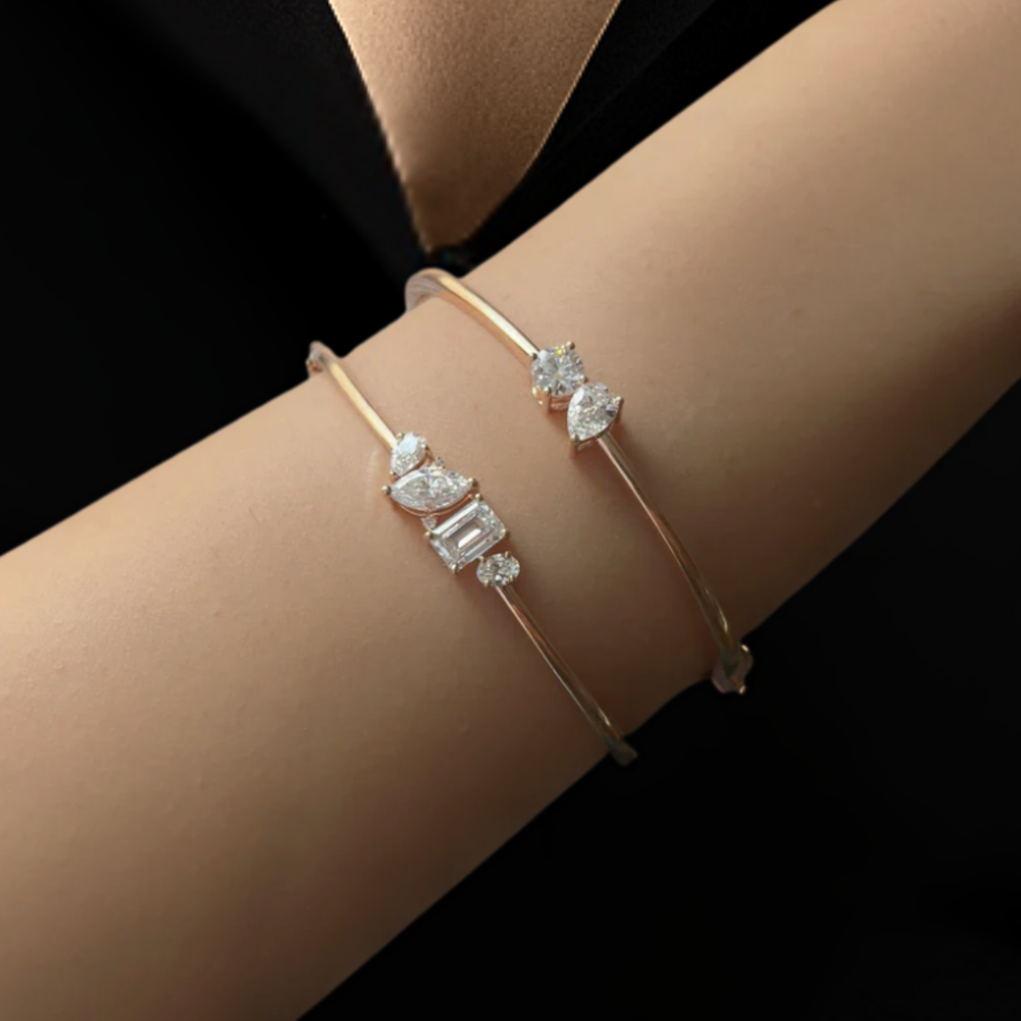 14K Gold Pear & Round Lab Diamond Bangle Bracelet 