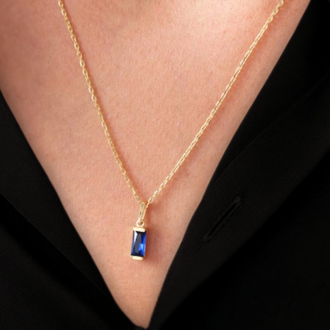 Solid Gold Baguette Sapphire Necklace, 14k Blue Sapphire Pendant