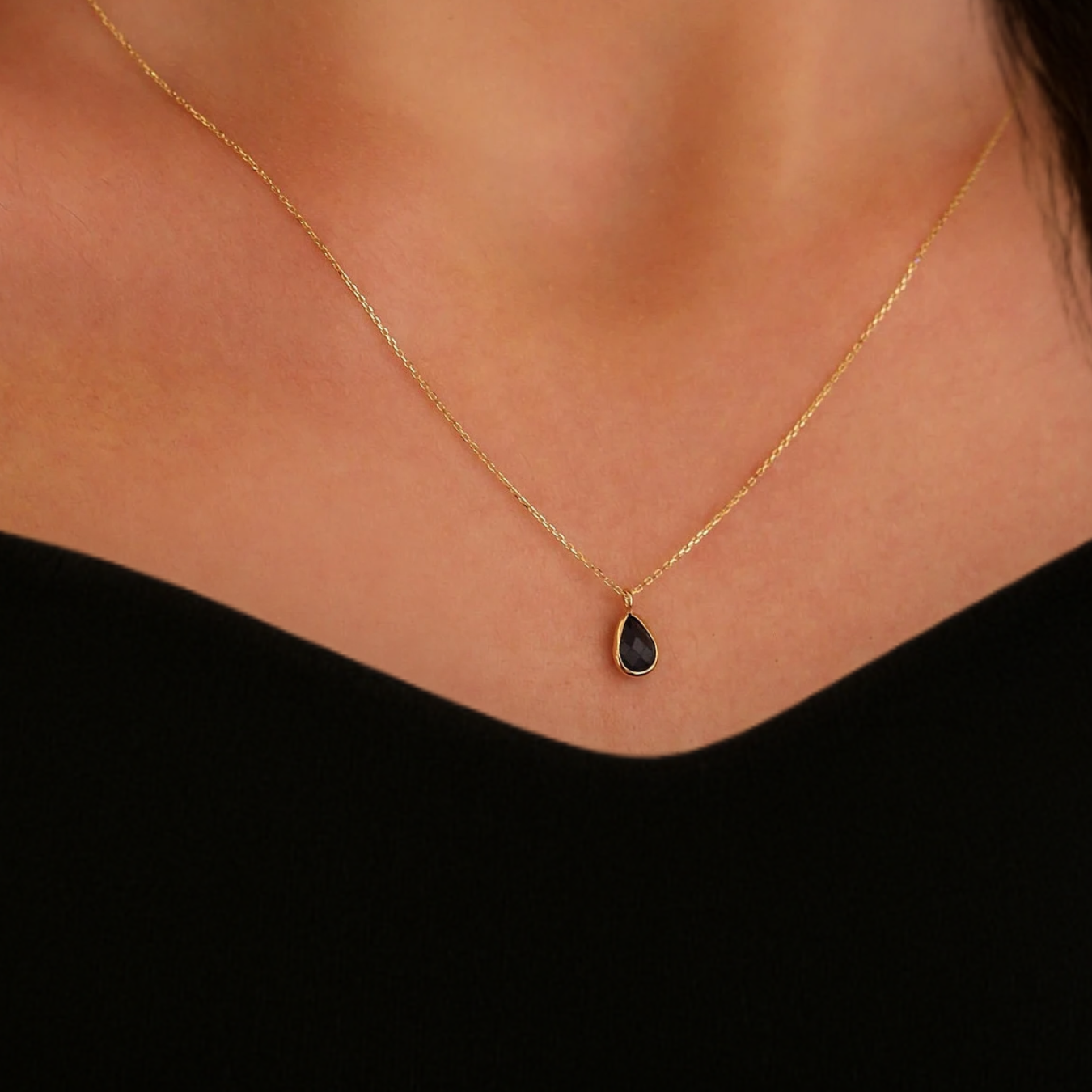 14K Solid Gold Dainty Initial Onyx Drop Pendant 2 CT Black Gemstone Pendant