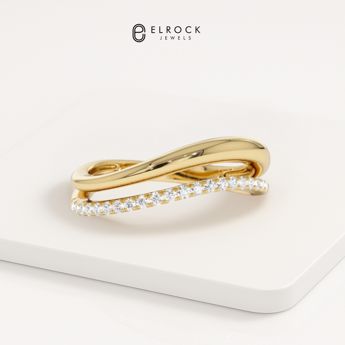 14K Gold Dainty Two Row Half Eternity Curved Stacking Band, Unique Diamond Ring