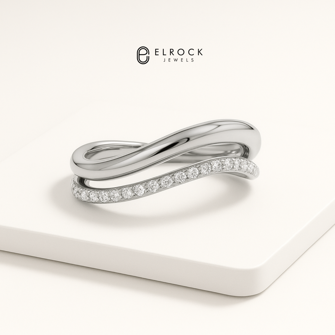 14K Gold Dainty Two Row Half Eternity Curved Stacking Band, Unique Diamond Ring