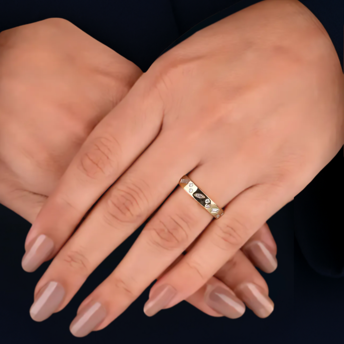 14K Gold Multi Stone Diamond Band Flush set Wedding Band