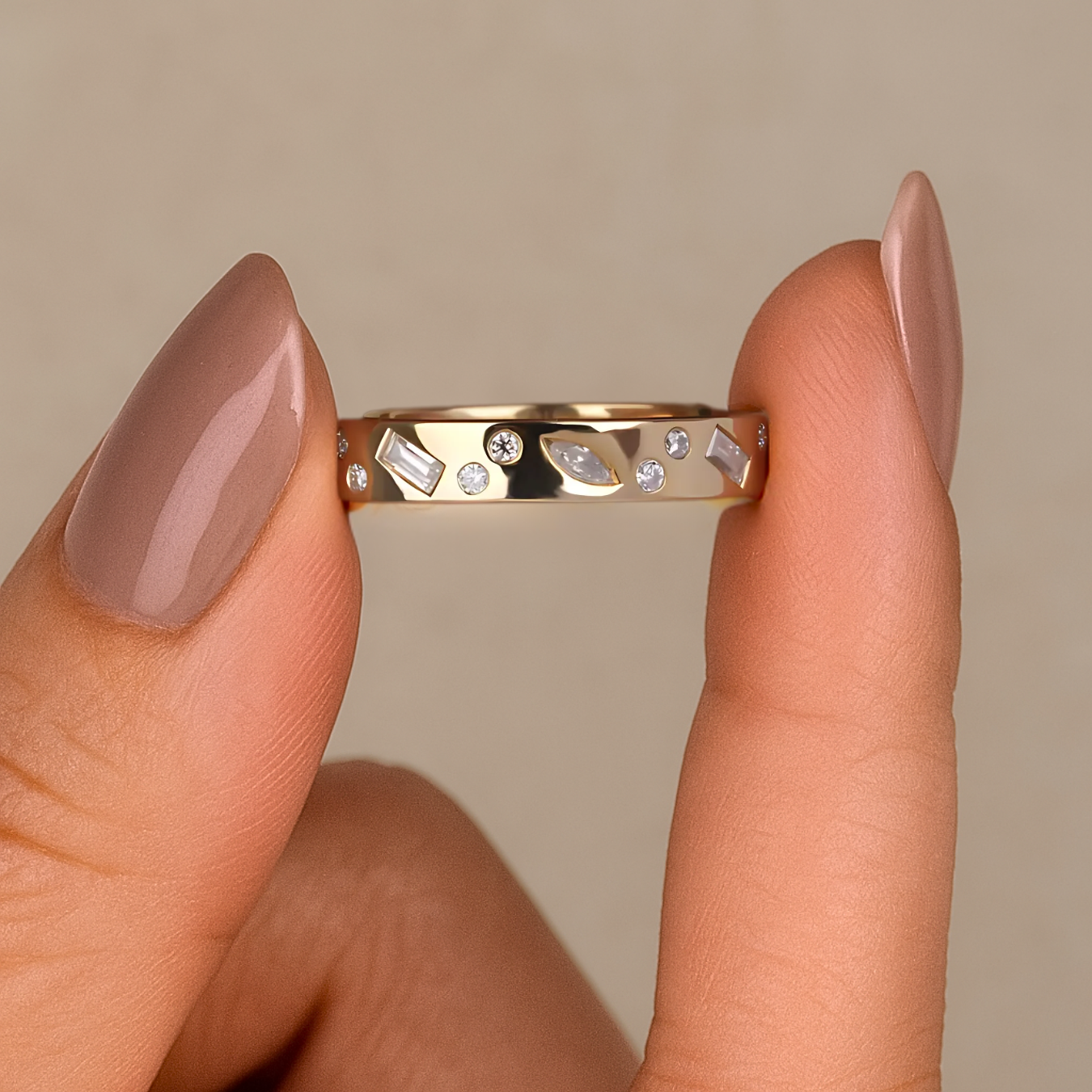 14K Gold Multi Stone Diamond Band Flush set Wedding Band
