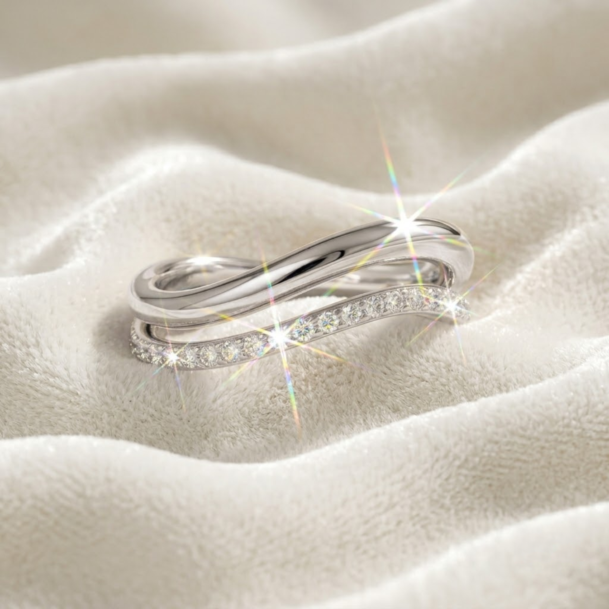 14K Gold Dainty Two Row Half Eternity Curved Stacking Wedding Band