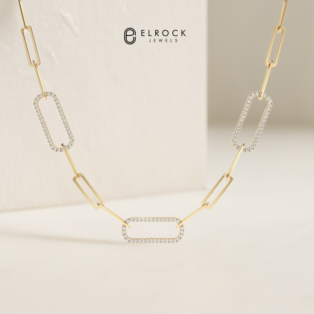 14k Gold Diamond Link Layering Necklace, Gold Paperclip Chain Necklace