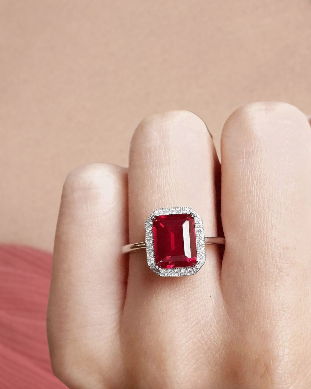 14K engagement ring 3.00 CT Vintage emerald cut red ruby Solid.
