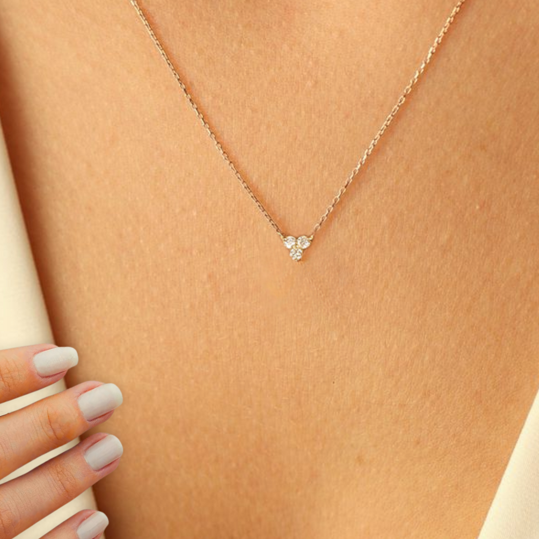 14K Gold Round Cut Diamond Trio Cluster Necklace / Three Diamond Floating Necklace