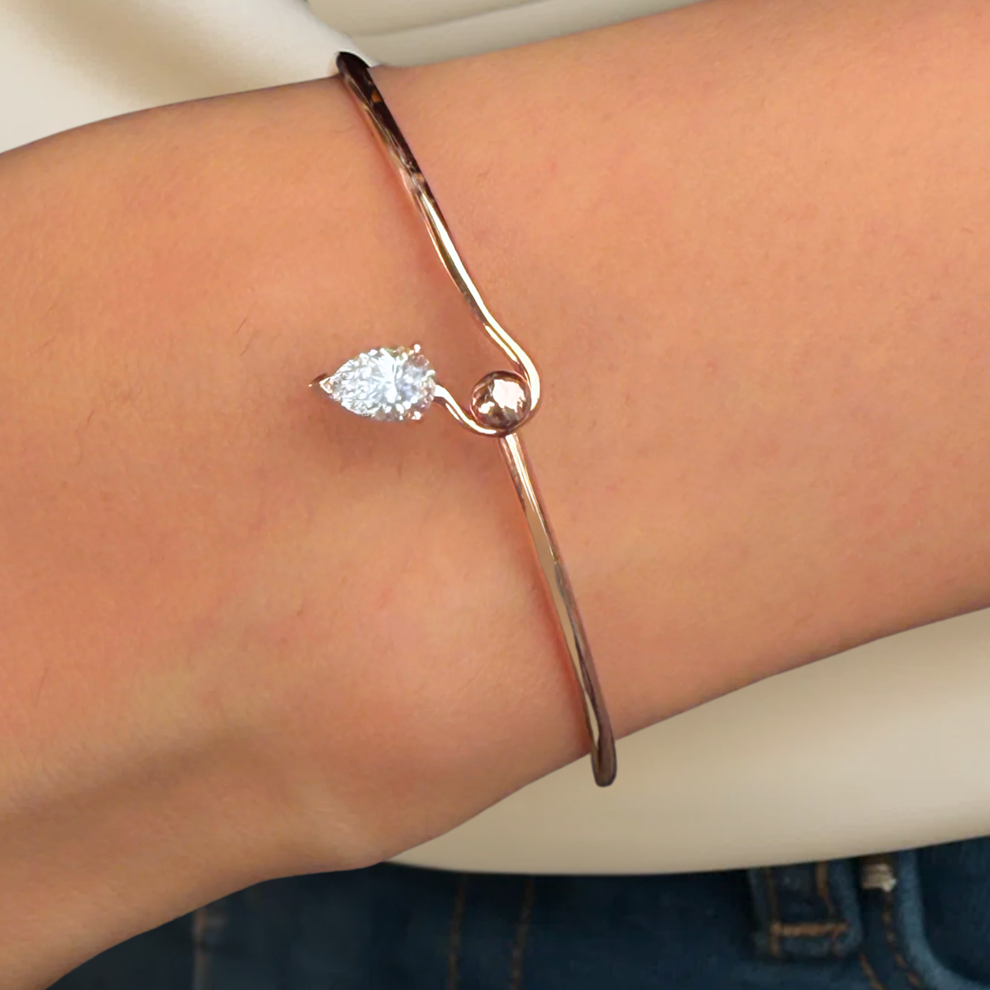 14K Gold Minimalist Pear Shape Solitaire Cuff Bracelet