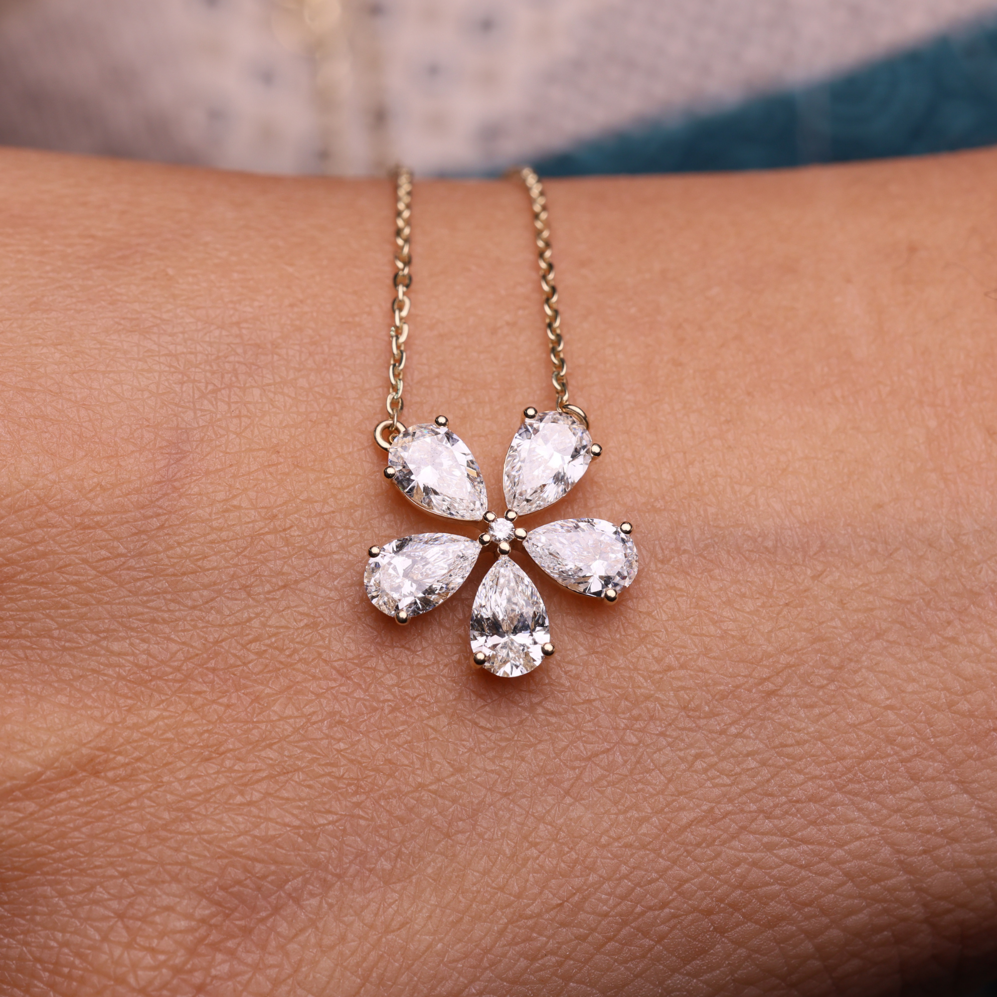 14K Gold Pear Shape Lab Grown Diamond Flower Shape Pendant