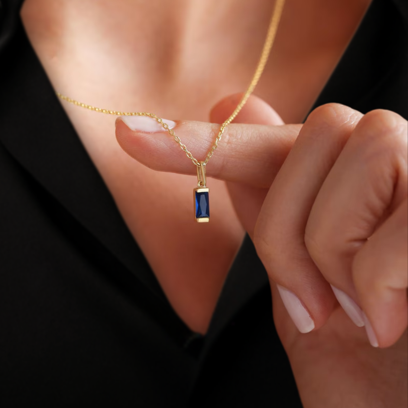 14K Blue Sapphire Pendant Solid Gold Baguette Sapphire Necklace