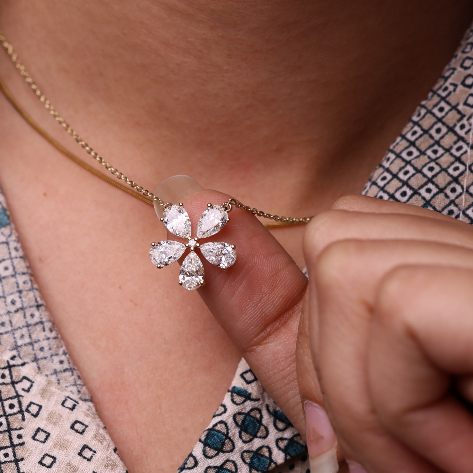 14K Gold Pear Shape Lab Grown Diamond Flower Shape Pendant