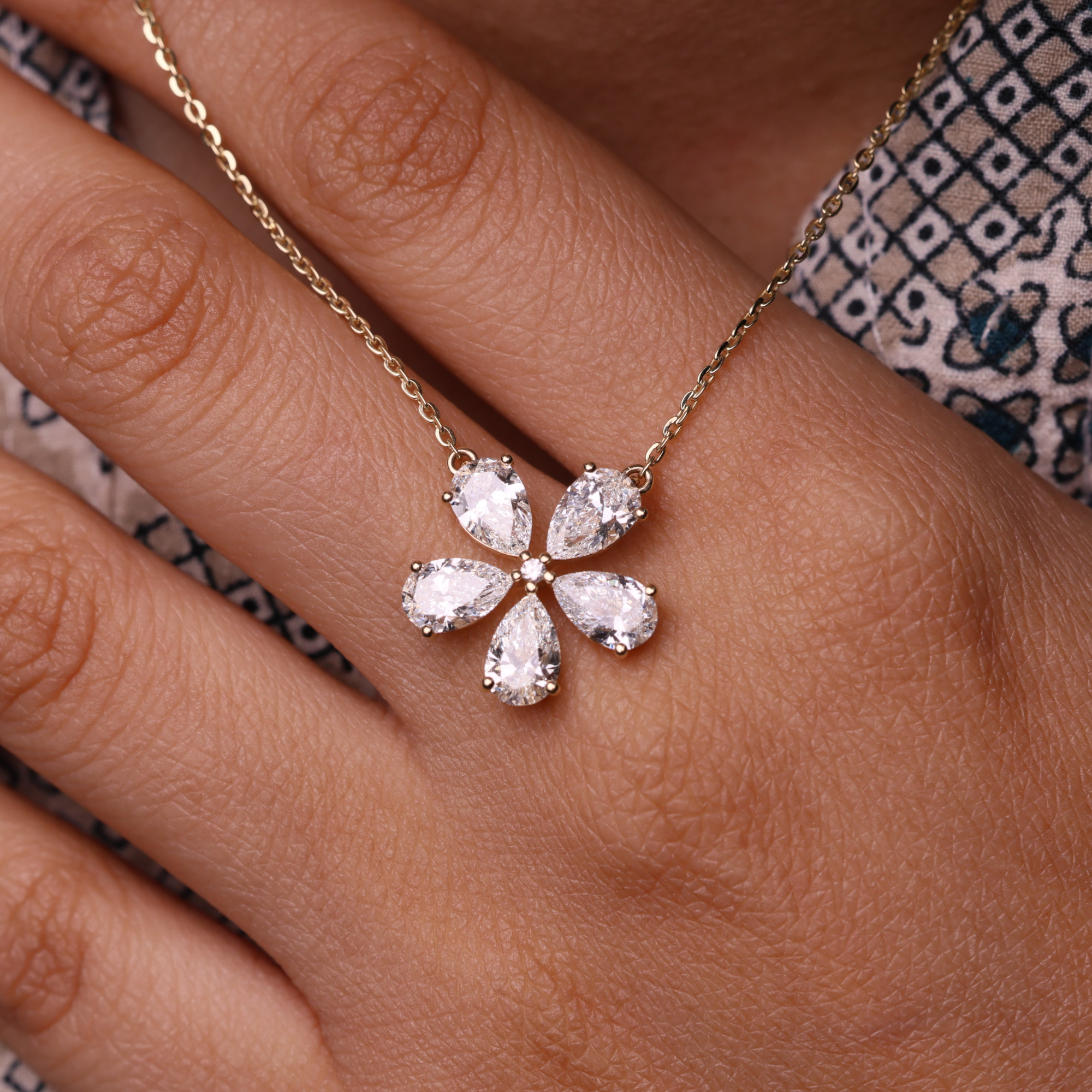 14K Gold Pear Shape Lab Grown Diamond Flower Shape Pendant