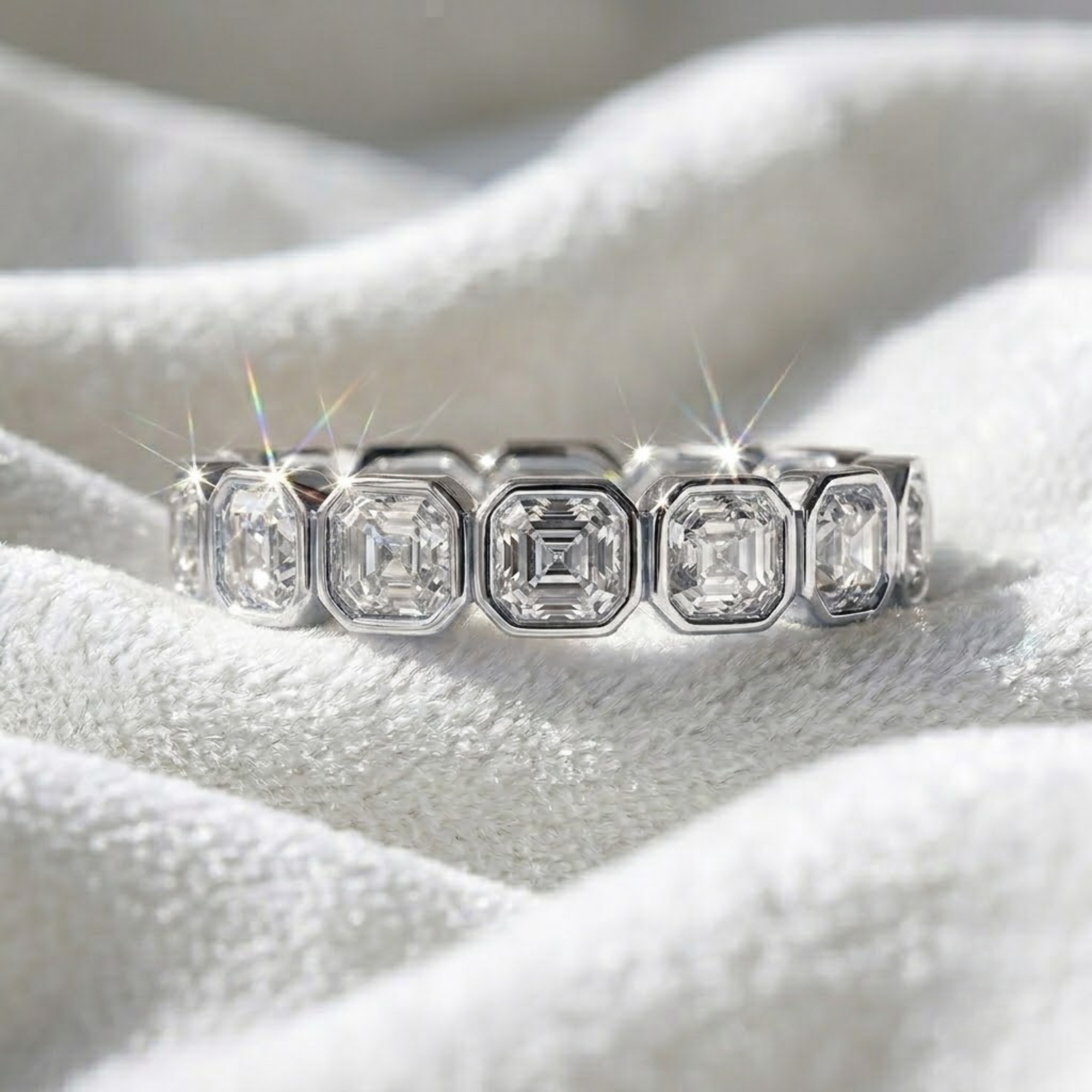 14K Gold Bezel Set Asscher Cut Lab Grown Wedding Band for Women
