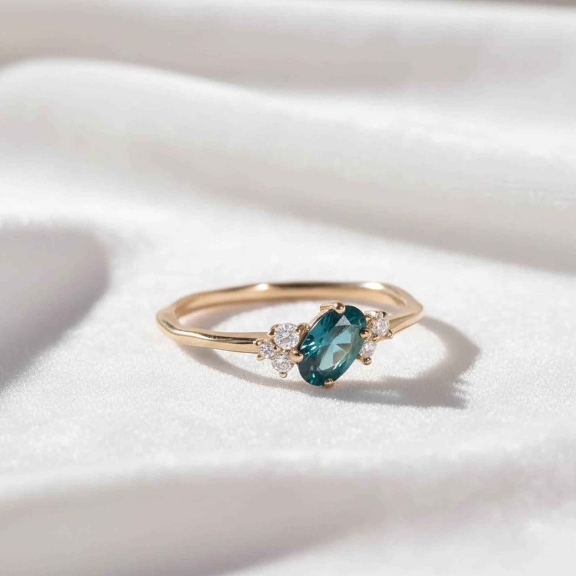 14K Gold Blue Sapphire  Oval Teal Engagement Ring