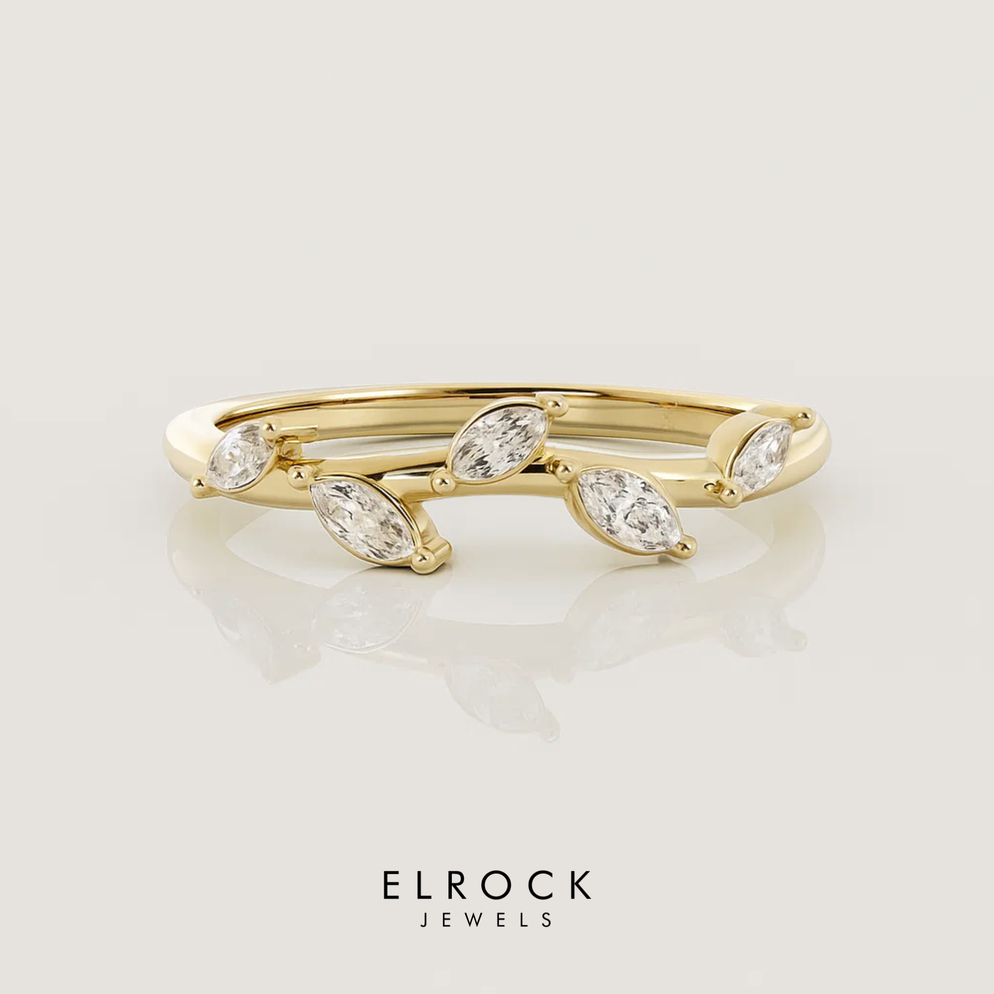 Solid Gold Floral Ring, Marquise Diamond Ring