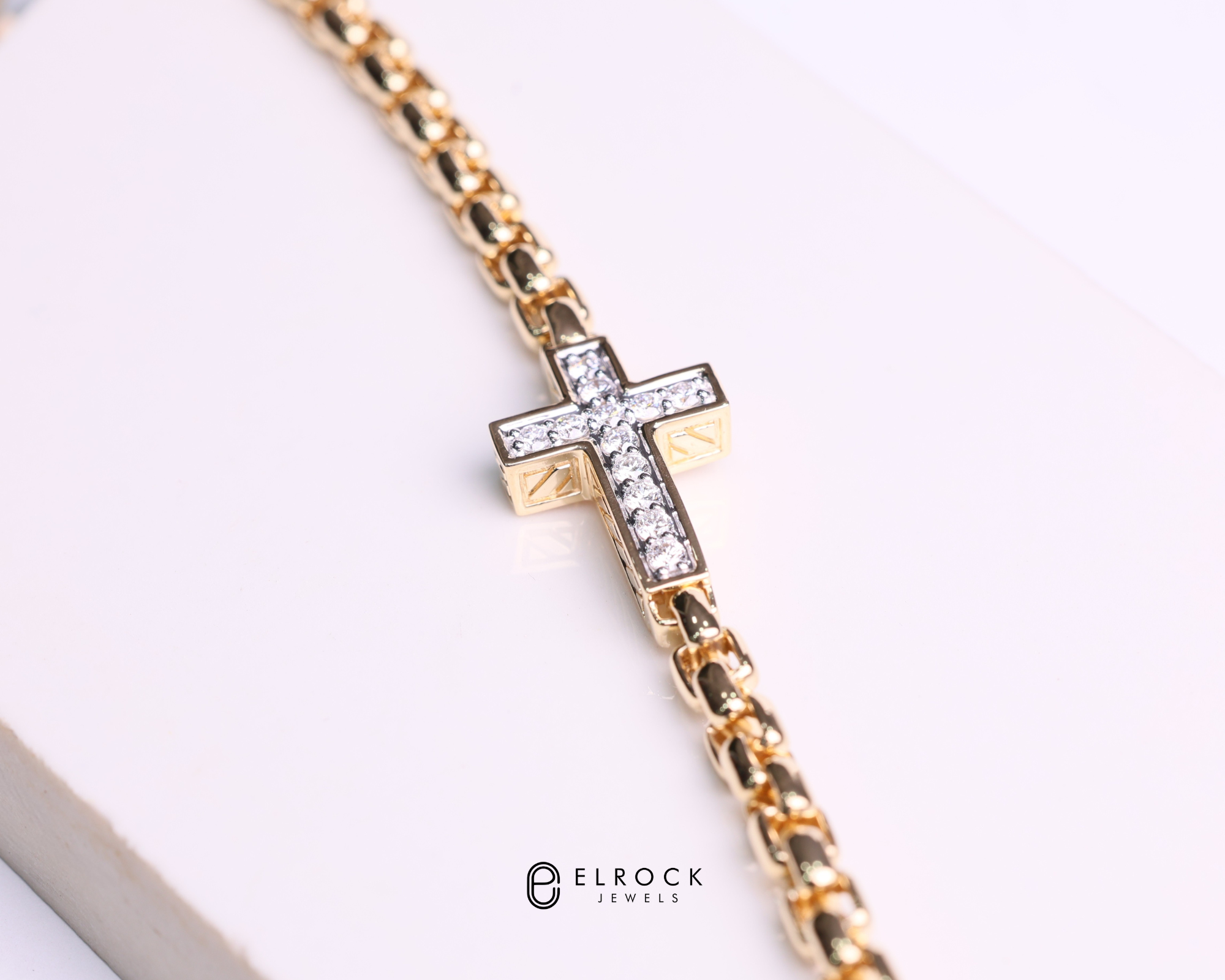 14K Solid Gold Diamond Cross Bracelet