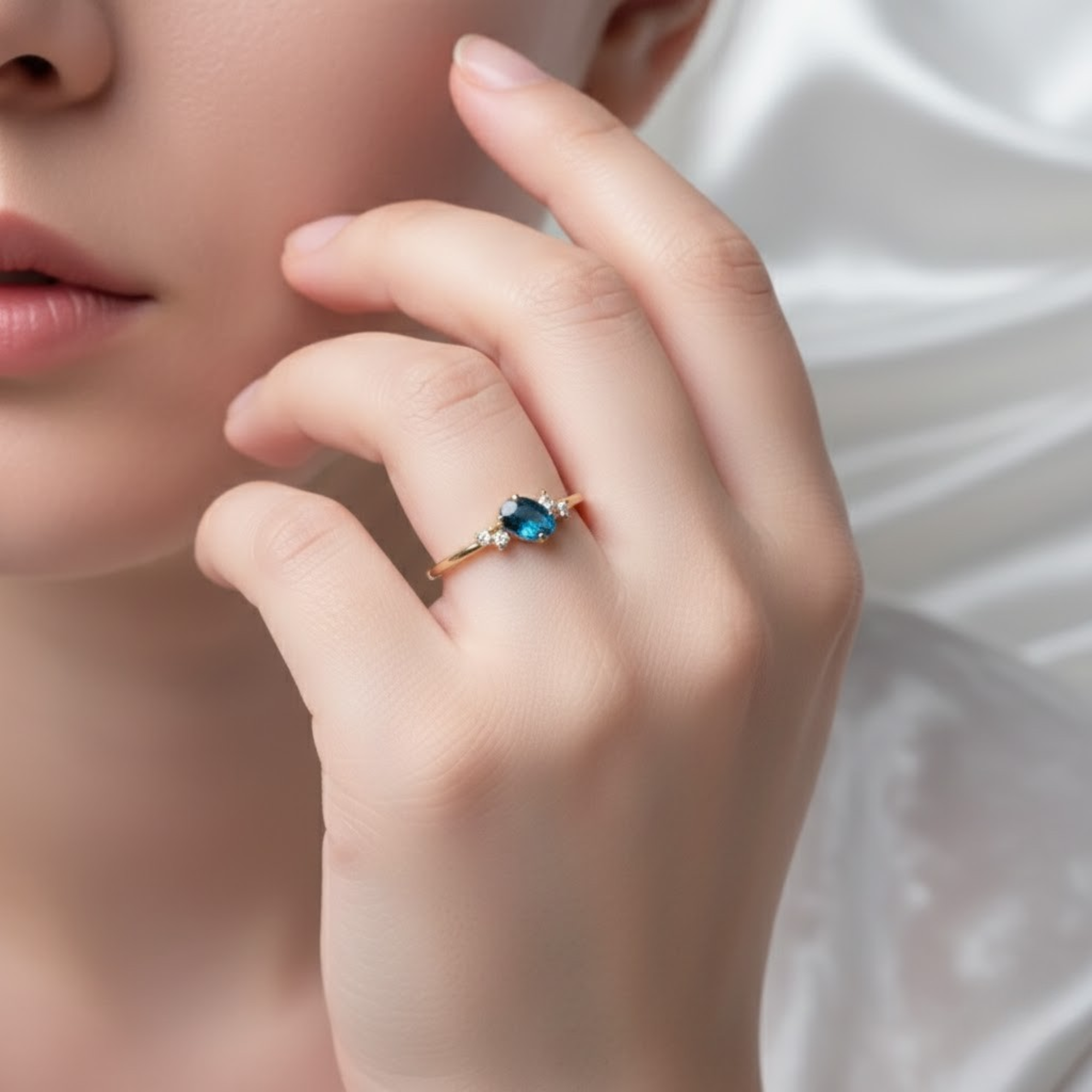 14K Gold Blue Sapphire  Oval Teal Engagement Ring