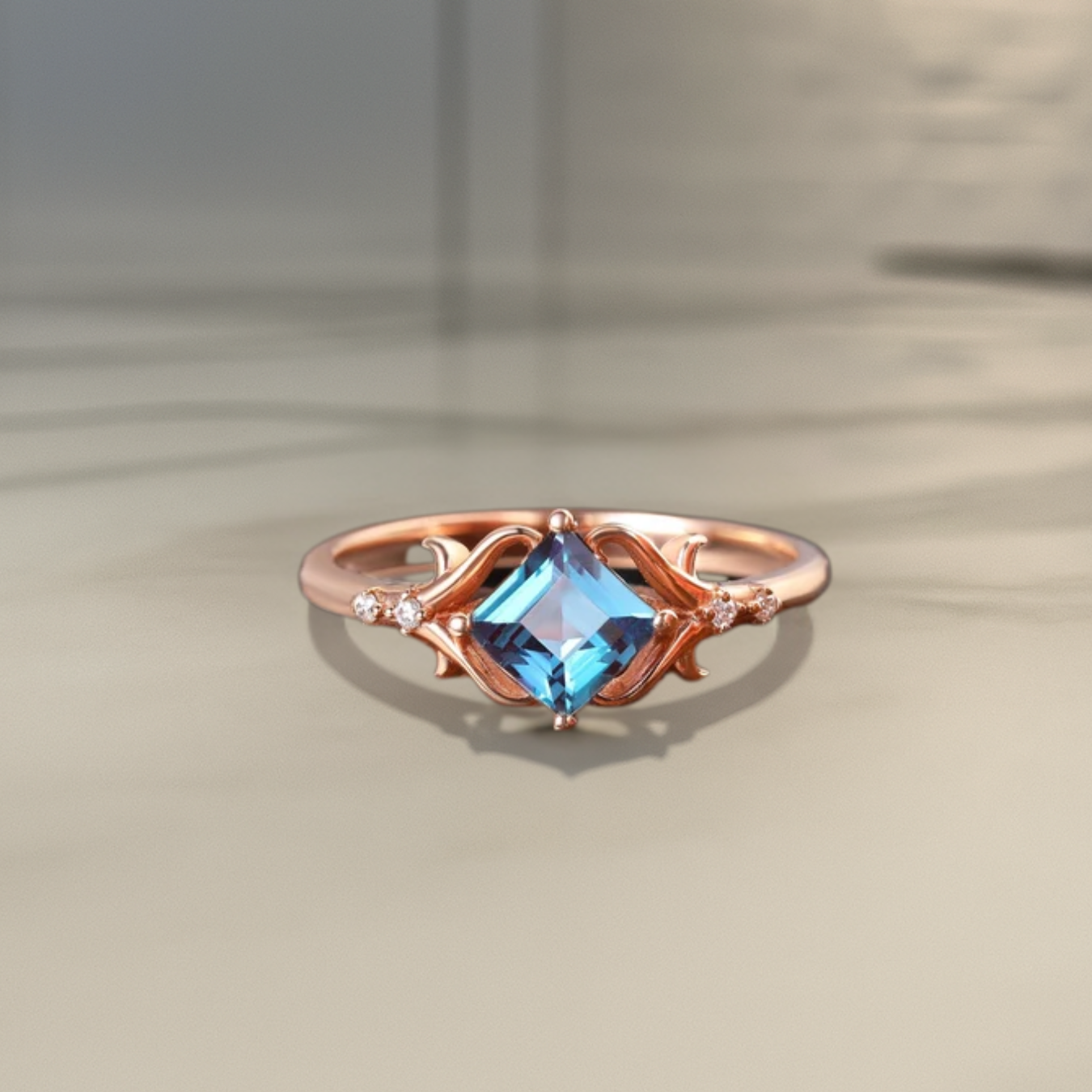 14K Rose Gold Five Stone Bridal Ring, Princess Cut Blue Alexandrite Engagement Ring.