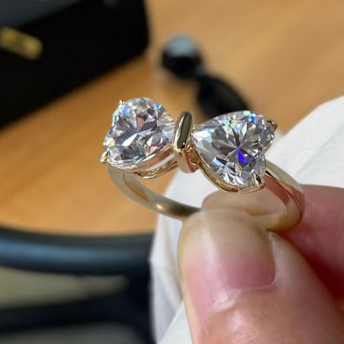 14k Yellow Gold Band Amazing Bow Diamond Ring, 2 Lab Heart Shape Diamonds Designed as a Bow