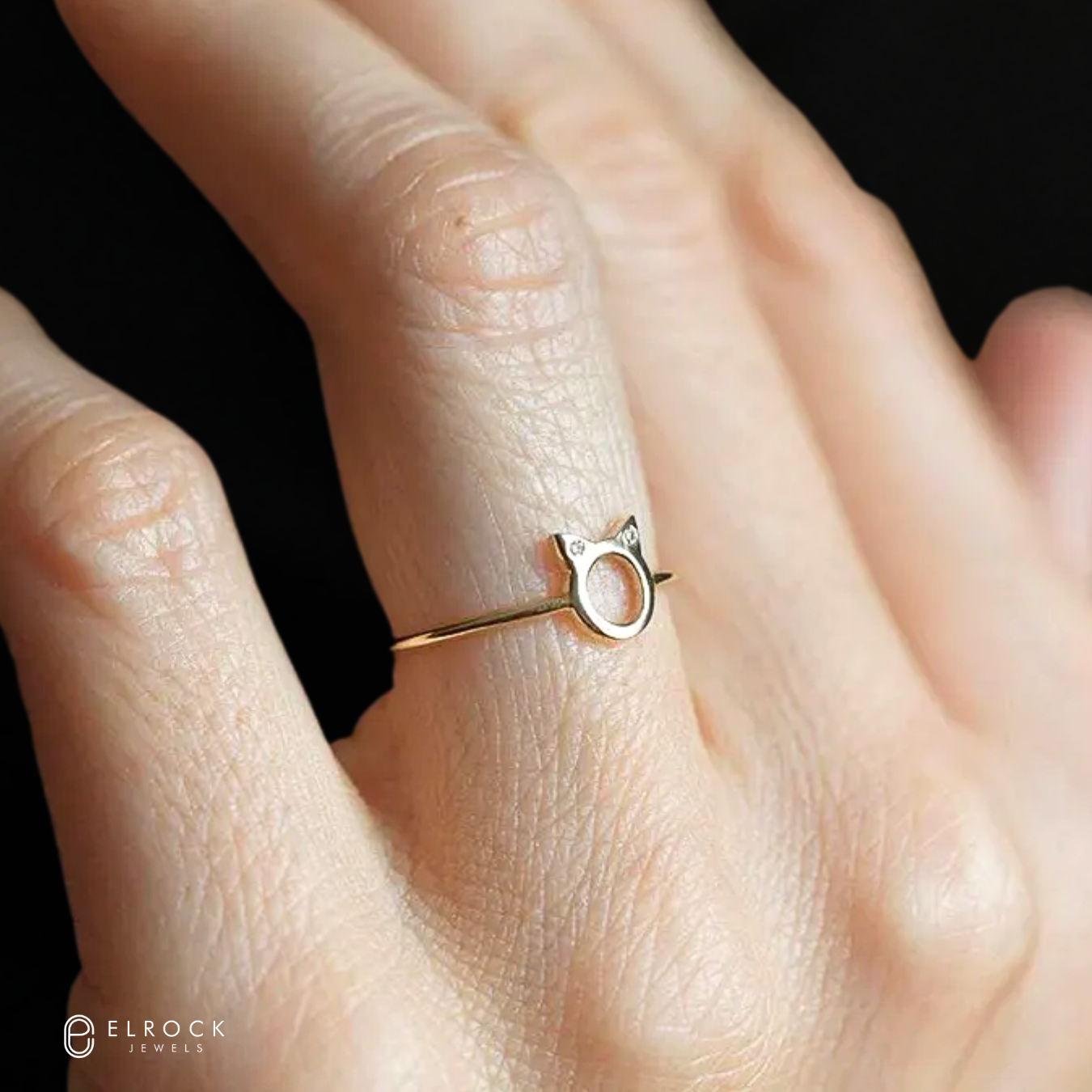 14K Solid Gold Minimalist Diamond Kitty Ring for Women | Minimal Stacking Ring
