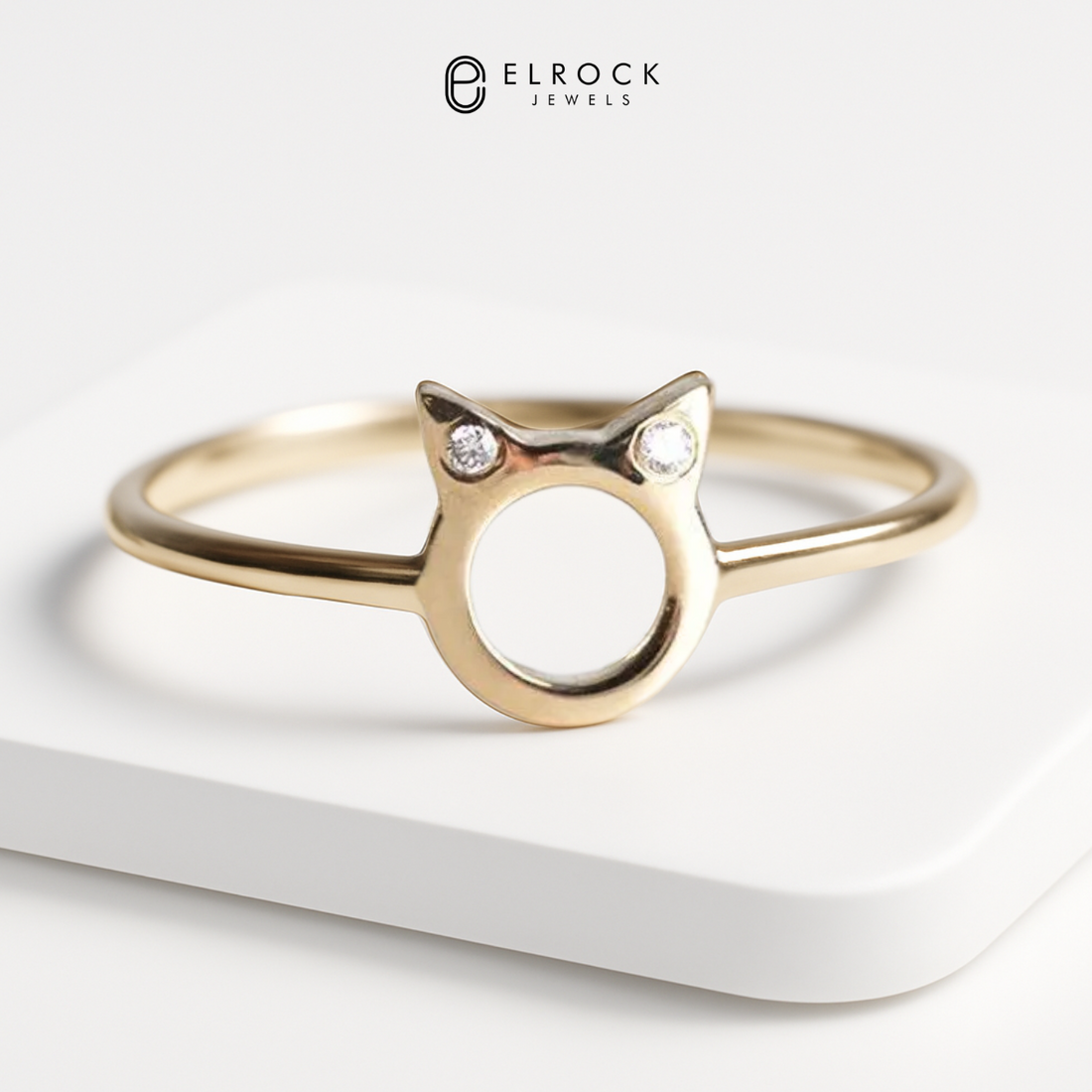 14K Solid Gold Minimalist Diamond Kitty Ring for Women | Minimal Stacking Ring