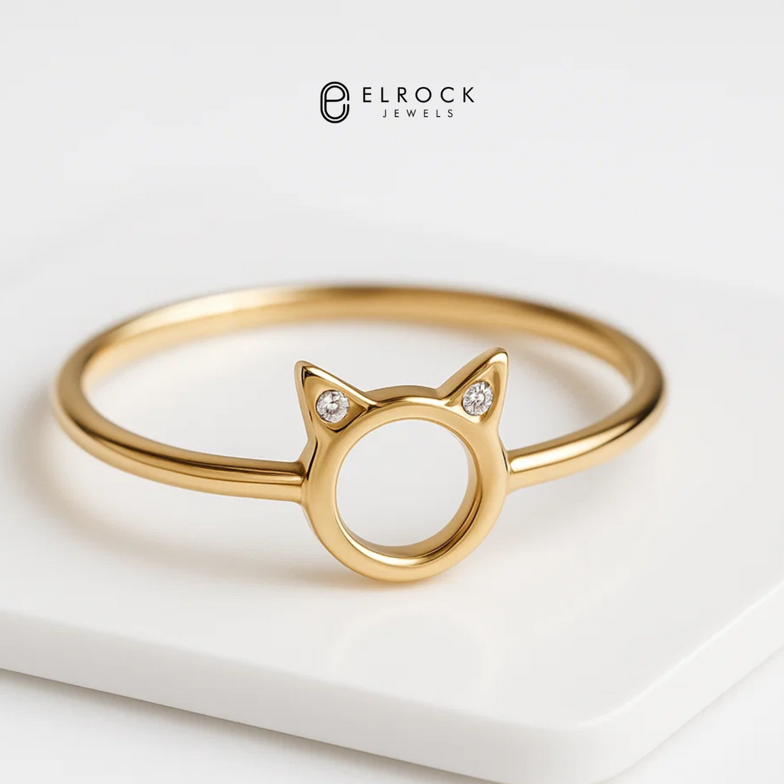 14K Solid Gold Minimalist Diamond Kitty Ring for Women | Minimal Stacking Ring