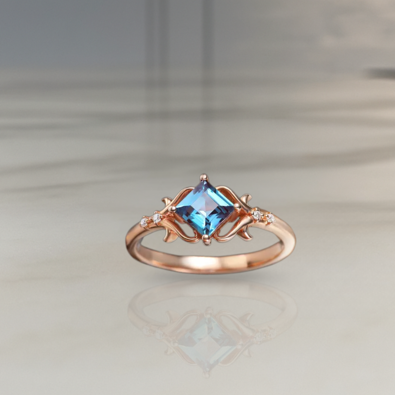 14K Rose Gold Five Stone Bridal Ring, Princess Cut Blue Alexandrite Engagement Ring.