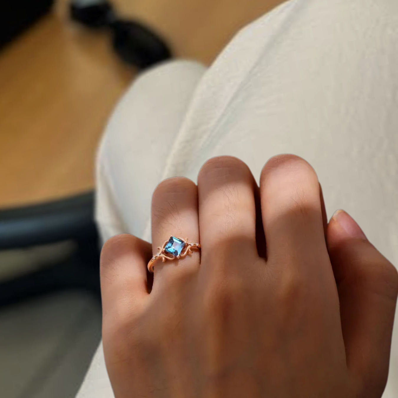 14K Rose Gold Five Stone Bridal Ring, Princess Cut Blue Alexandrite Engagement Ring.