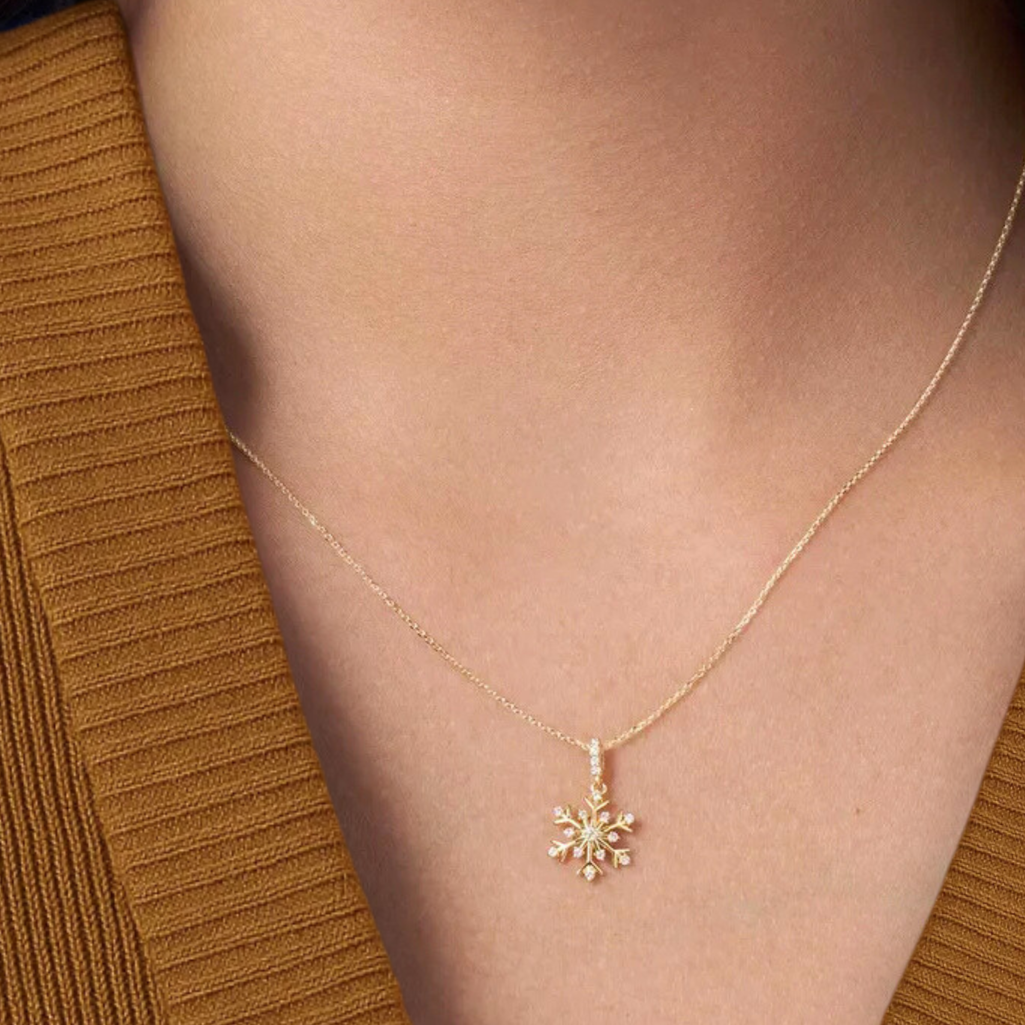 14K Yellow Gold Diamond Snowflake Necklace